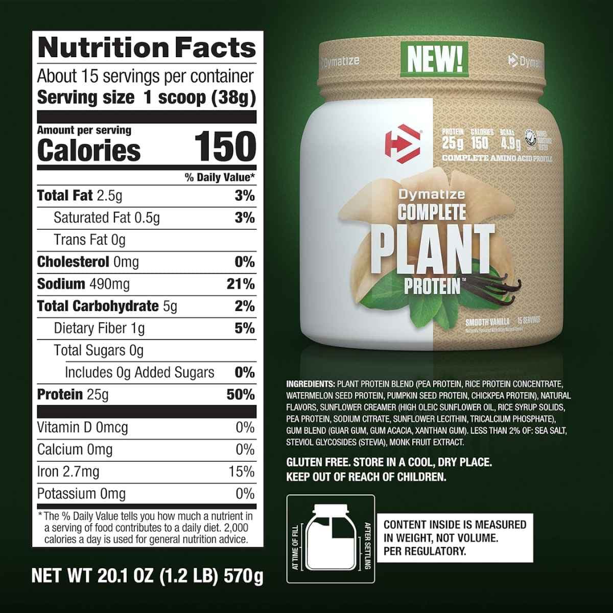 Tabla nutricional del suplemento Dymatize Proteína Vegetal Vegana Vainilla 25g Proteína