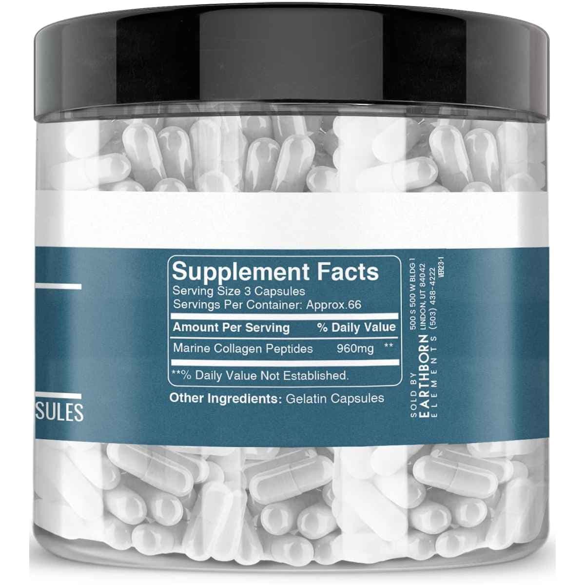 Tabla nutricional del suplemento Earthborn Elements Colágeno Marino 200 cápsulas