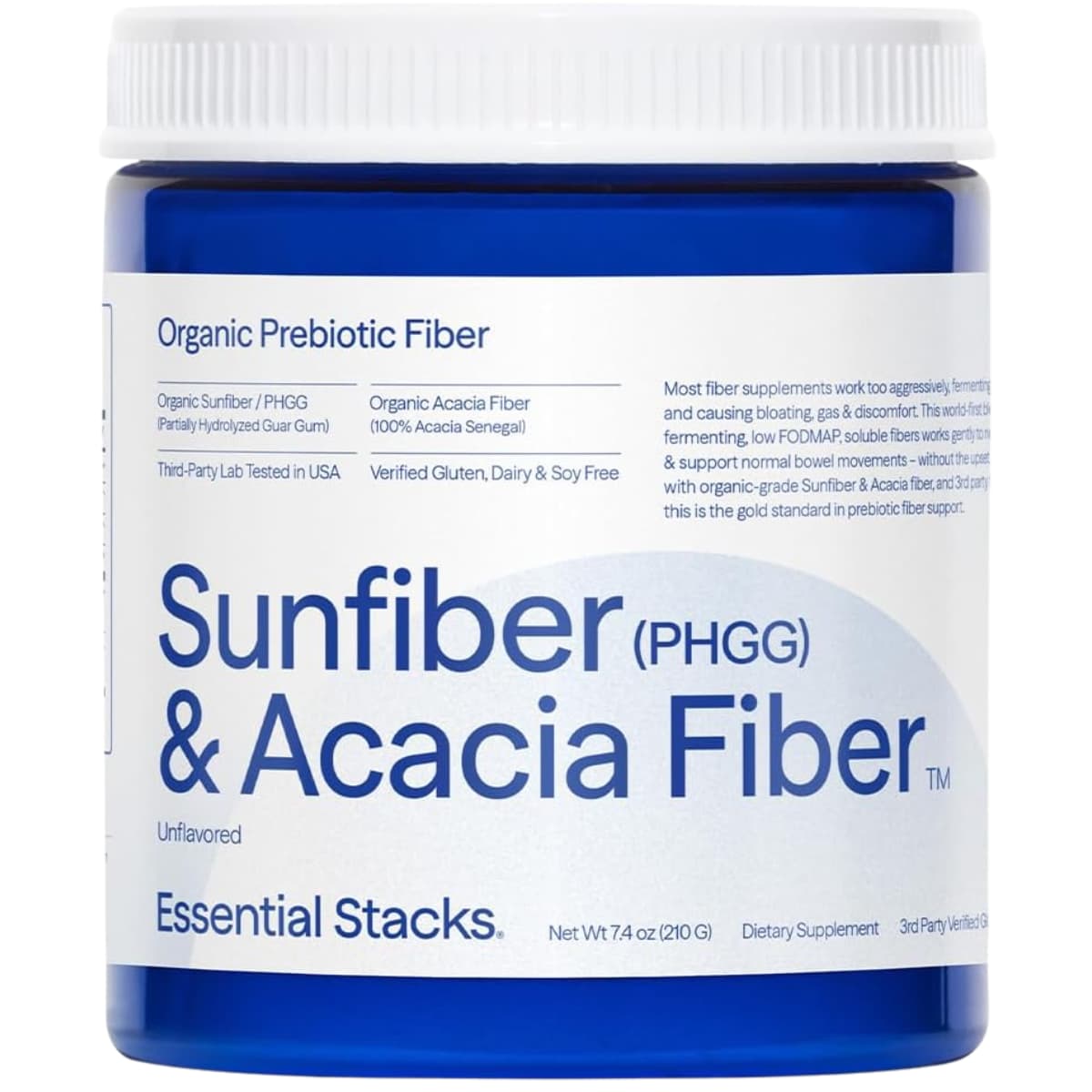 Frasco de suplemento Essential Stacks Sunfiber y Fibra de Acacia polvo 210g