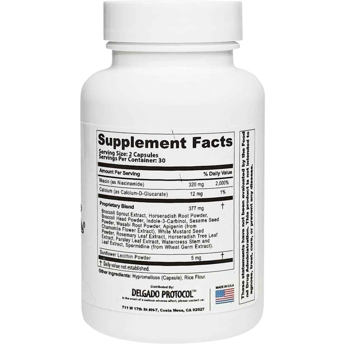 Tabla nutricional del suplemento DELGADO PROTOCOL EstroBlock Niacinamida y Espermidina 60 cápsulas