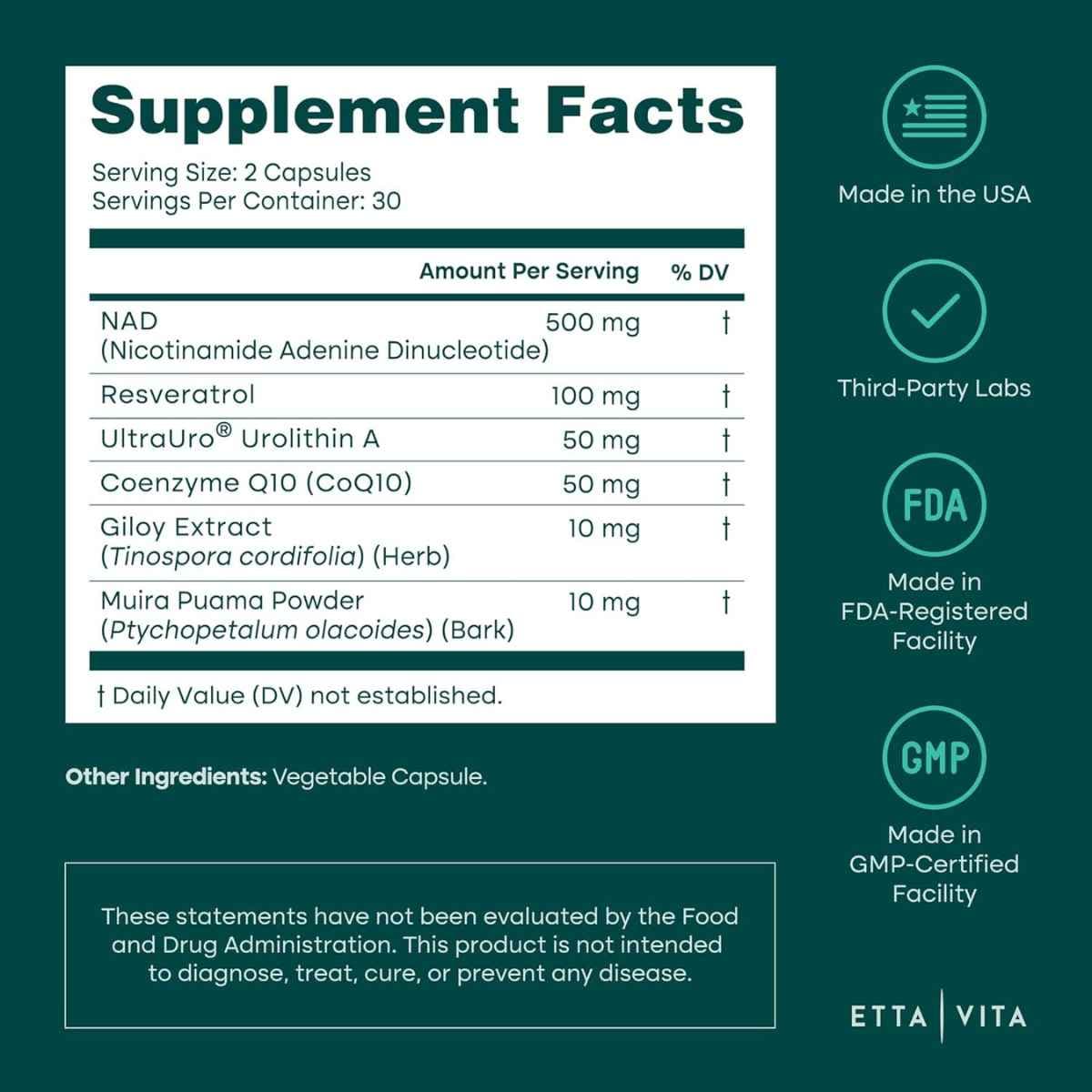 Etiqueta de Etta Vita NAD Liposomal con información de ingredientes y dosis en presentación de 60 cápsulas