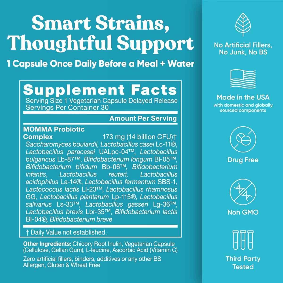 Tabla nutricional del suplemento Momma Probiotics Pre y Postnatal de EU Natural 30 cápsulas vegetarianas