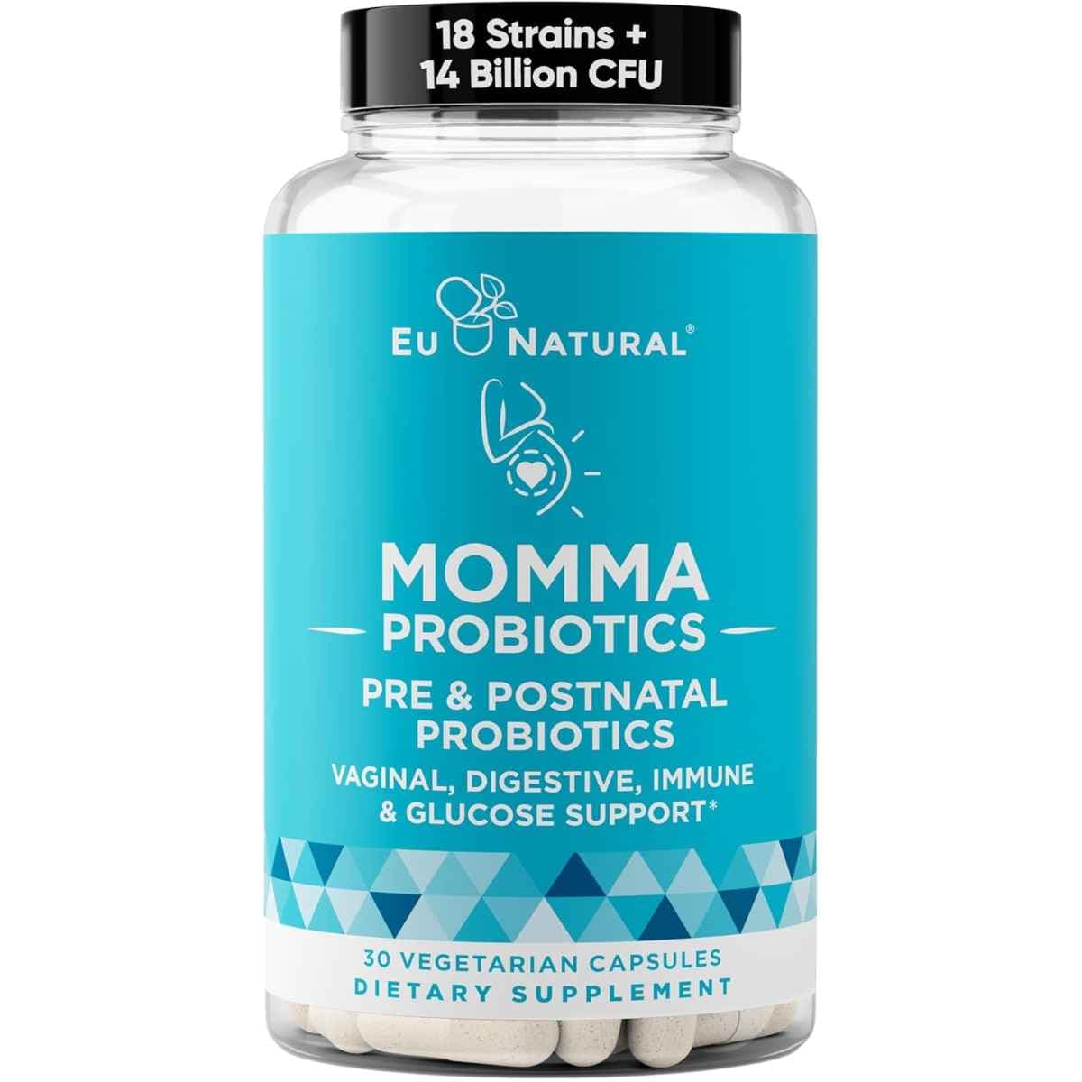 Frasco de suplemento Momma Probiotics Pre y Postnatal de EU Natural 30 cápsulas vegetarianas