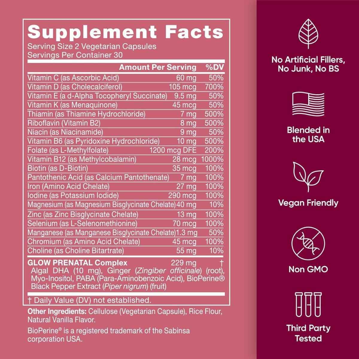 Tabla nutricional del suplemento EU Natural Prenatal Glow 60 capsulas