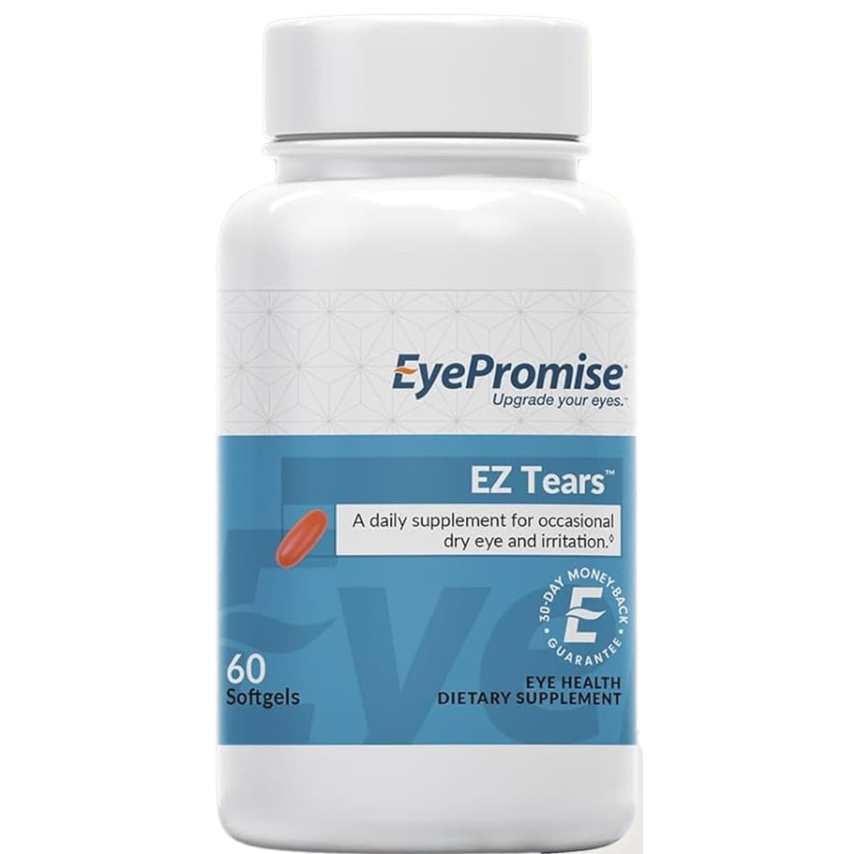 Frasco frontal de EyePromise EZ Tears con Omega 3 y aceite de pescado en presentación de 60 cápsulas blandas