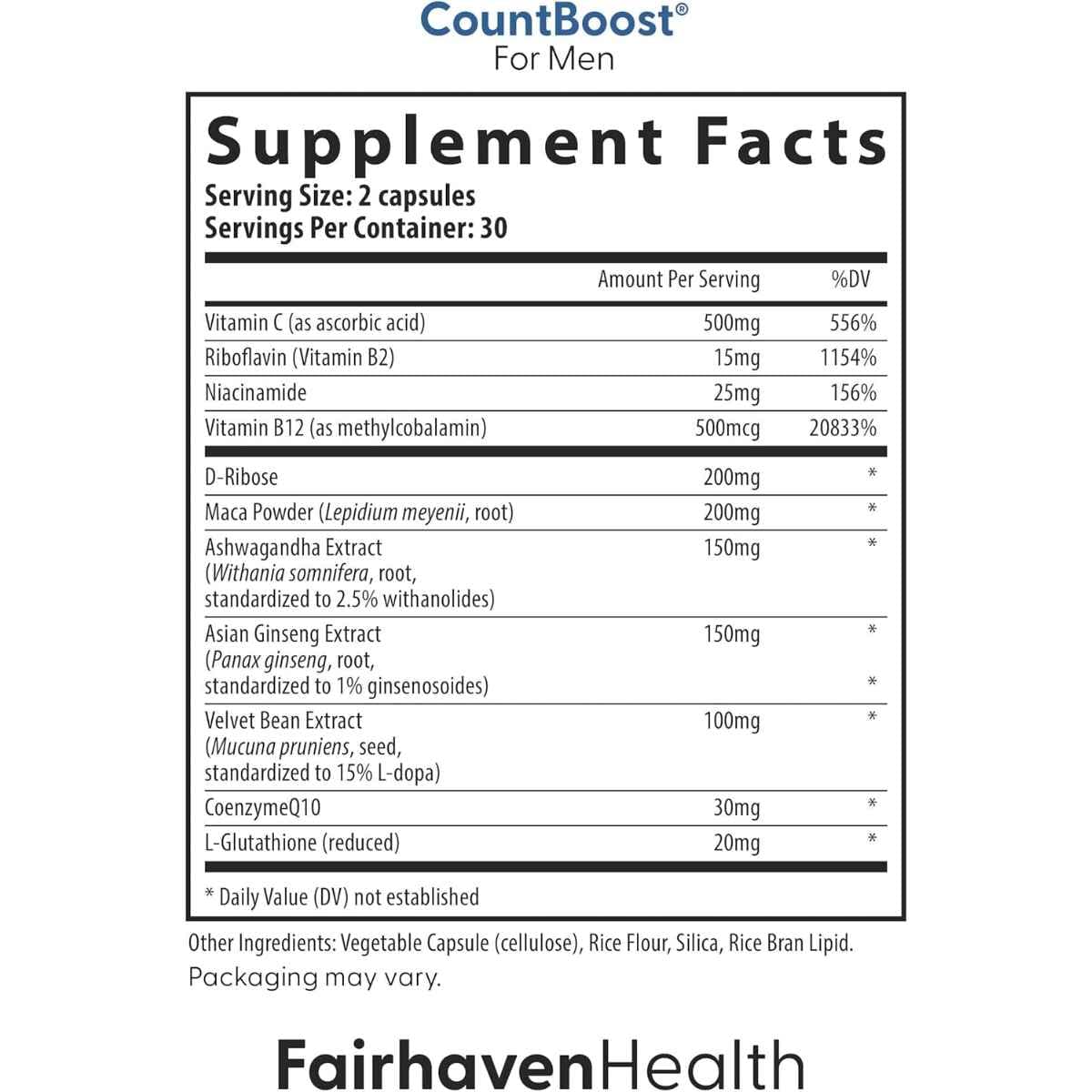 Tabla nutricional del suplemento CountBoost del Pack de Fertilidad Masculina de Fairhaven Health.