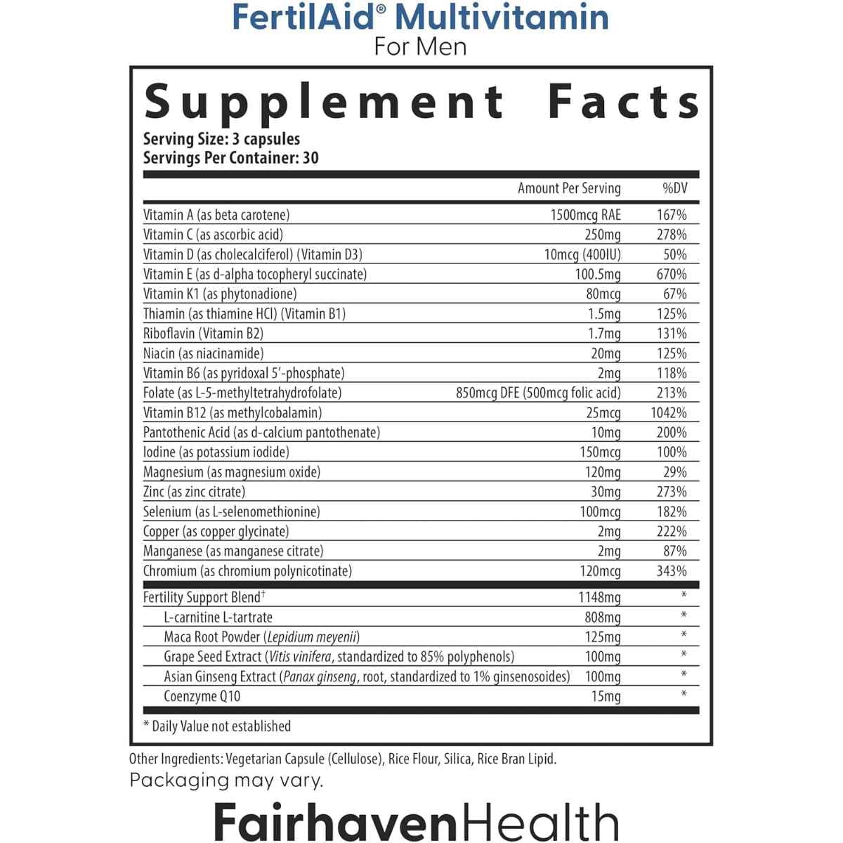 Tabla nutricional del suplemento FertilAid Multivitamin del Pack de Fertilidad Masculina de Fairhaven Health.