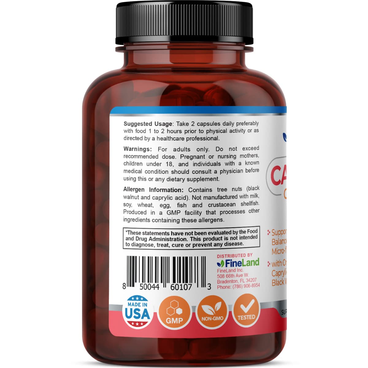 Etiqueta con información del suplemento FineLand Candifens Complejo para Flora Intestinal 60 Cápsulas