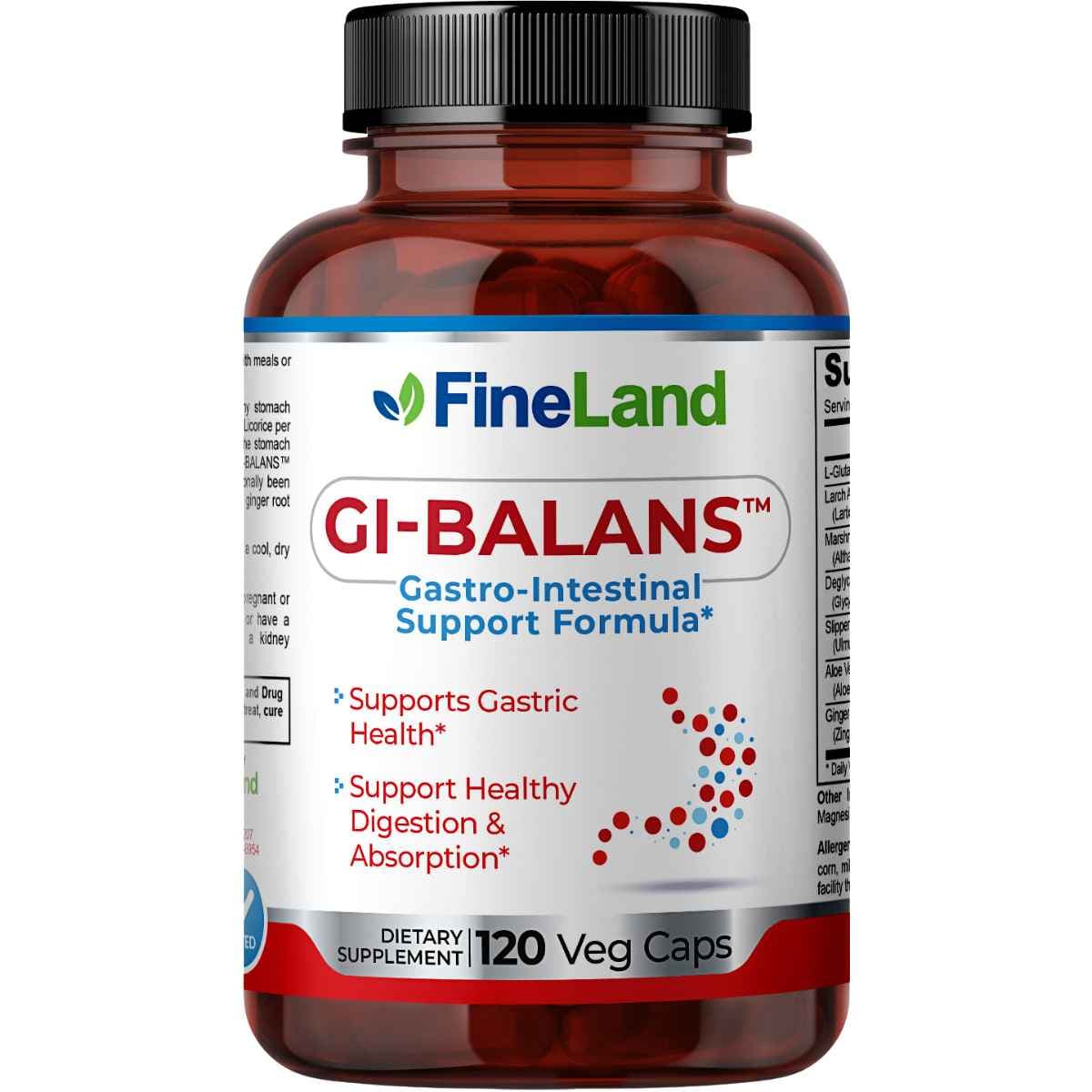 Frasco de suplemento FineLand GI-Balans 120 cápsulas veganas