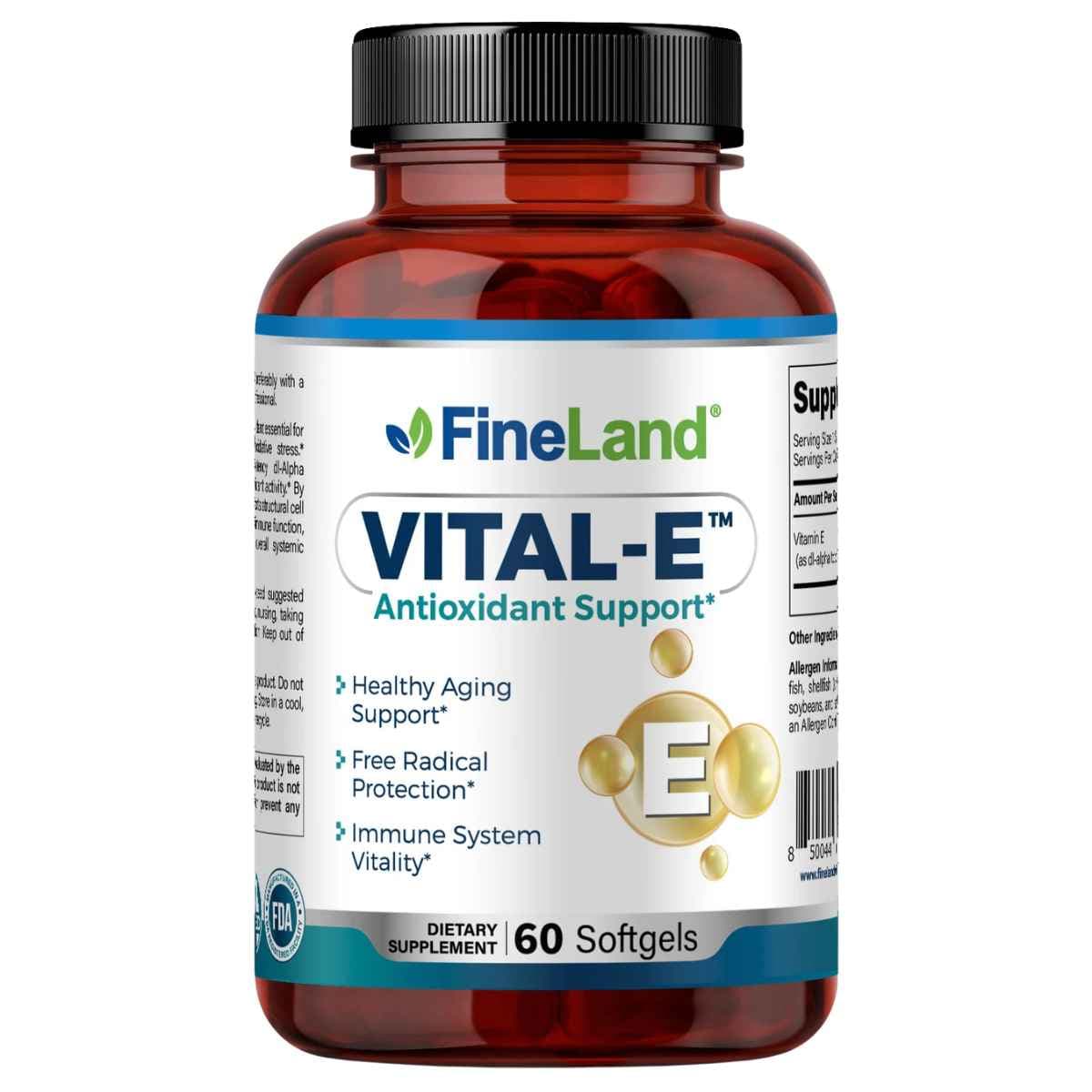 Frasco de FineLand Vital-E Vitamina E 400 IU, 60 cápsulas blandas, vista frontal.