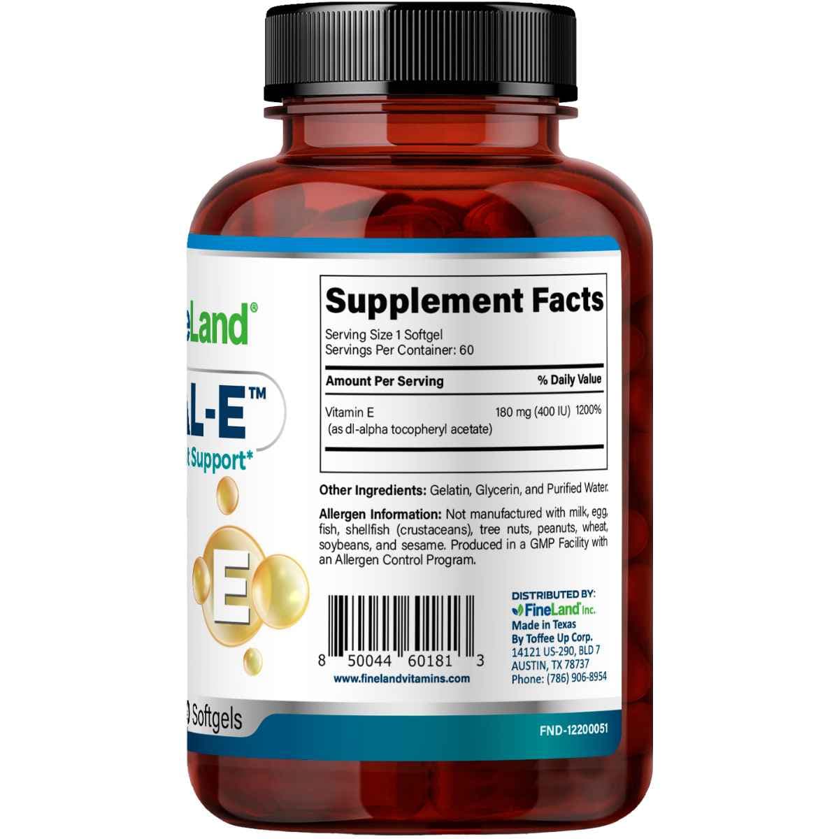 Etiqueta Supplement Facts de FineLand Vital-E Vitamina E 400 IU, 60 cápsulas blandas.