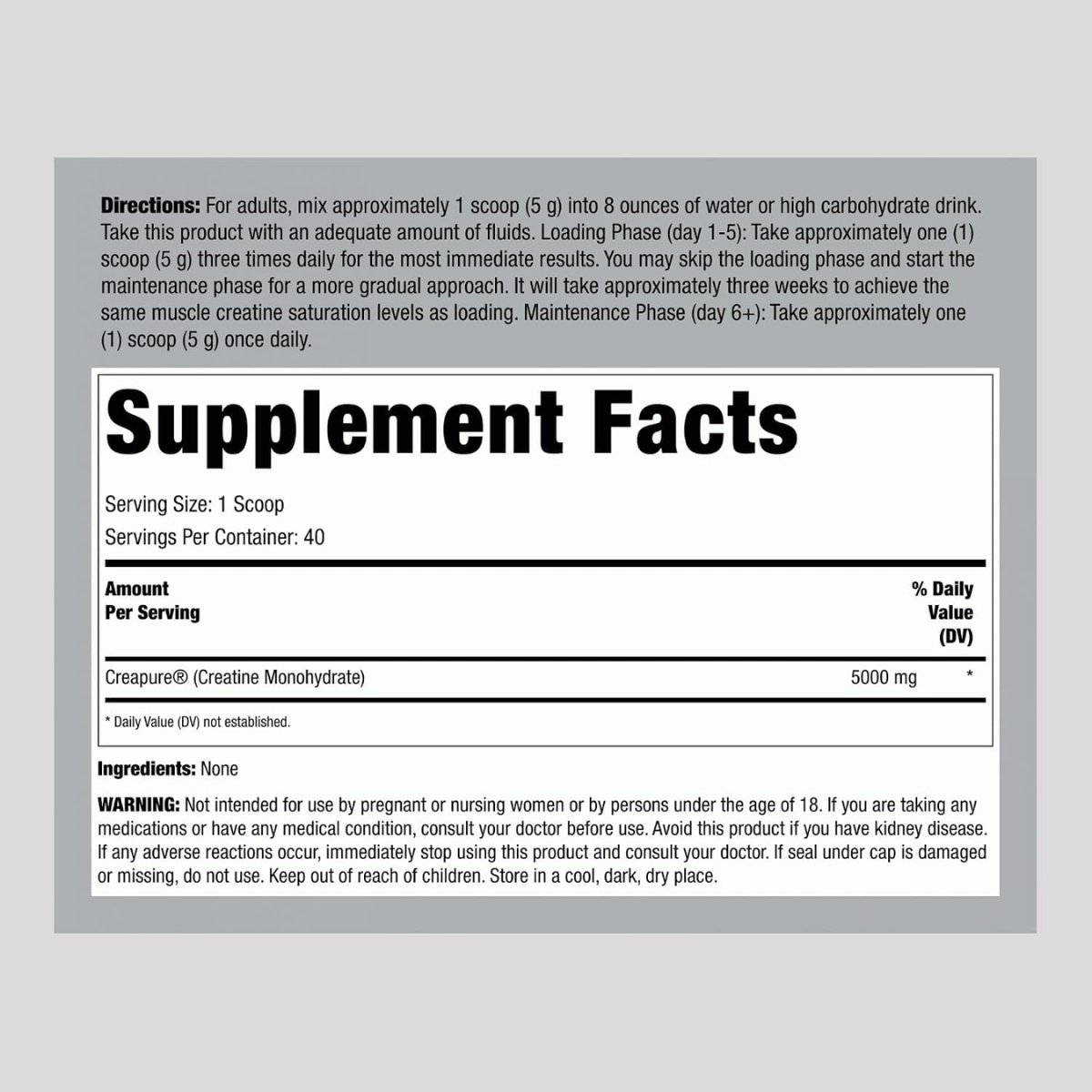 Información del suplemento de Fitness Labs creatina monohidrato Creapure, presentación de 200 g