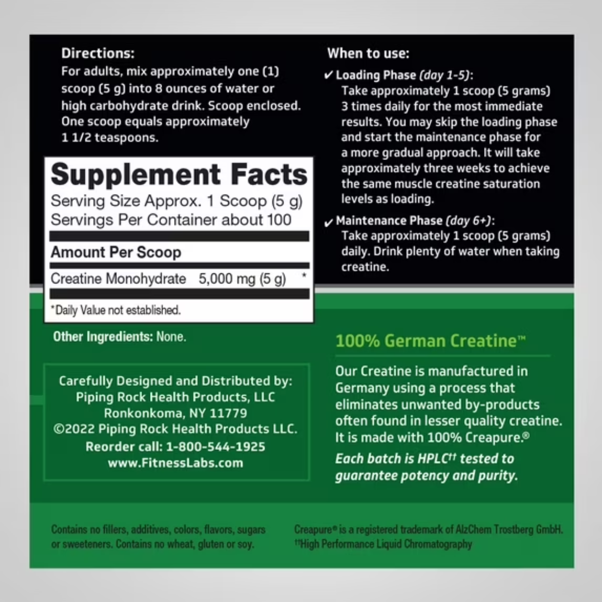 Información del suplemento de Fitness Labs creatina monohidrato Creapure, presentación de 500 g