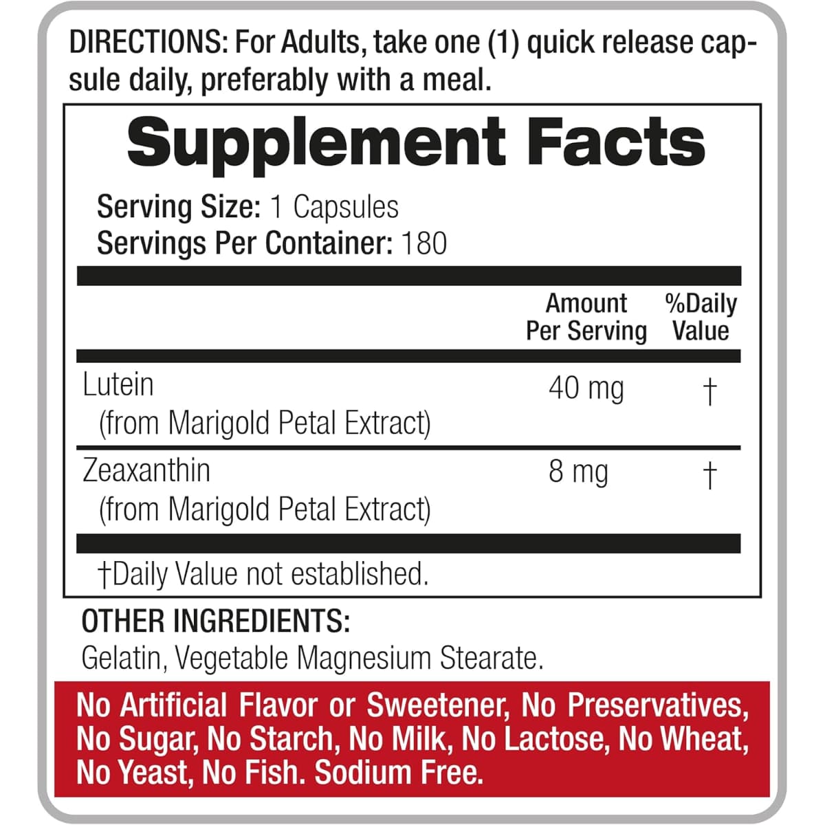 Tabla nutricional del suplemento Fito Medic's Luteína con Zeaxantina 180 cápsulas
