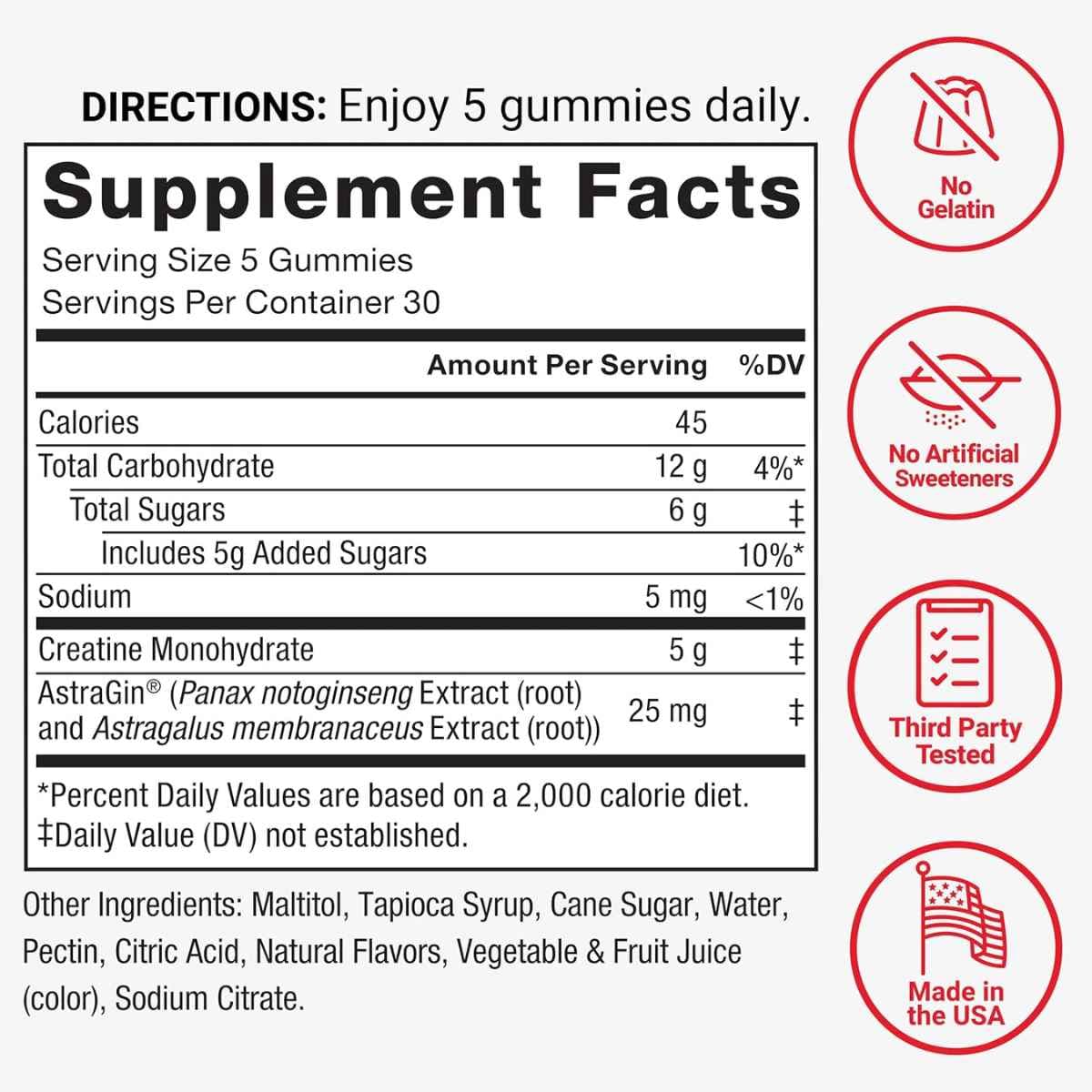 Información del suplemento de Force Factor creatina monohidratada, sabor mezcla de frutas, 150 gomitas.