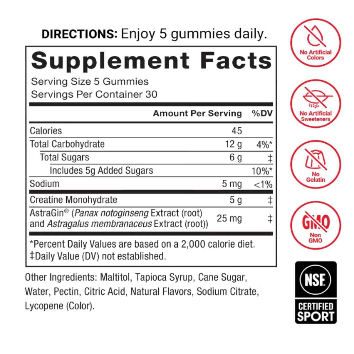 Información del suplemento de Force Factor creatina monohidratada, sabor sandía, 150 gomitas.