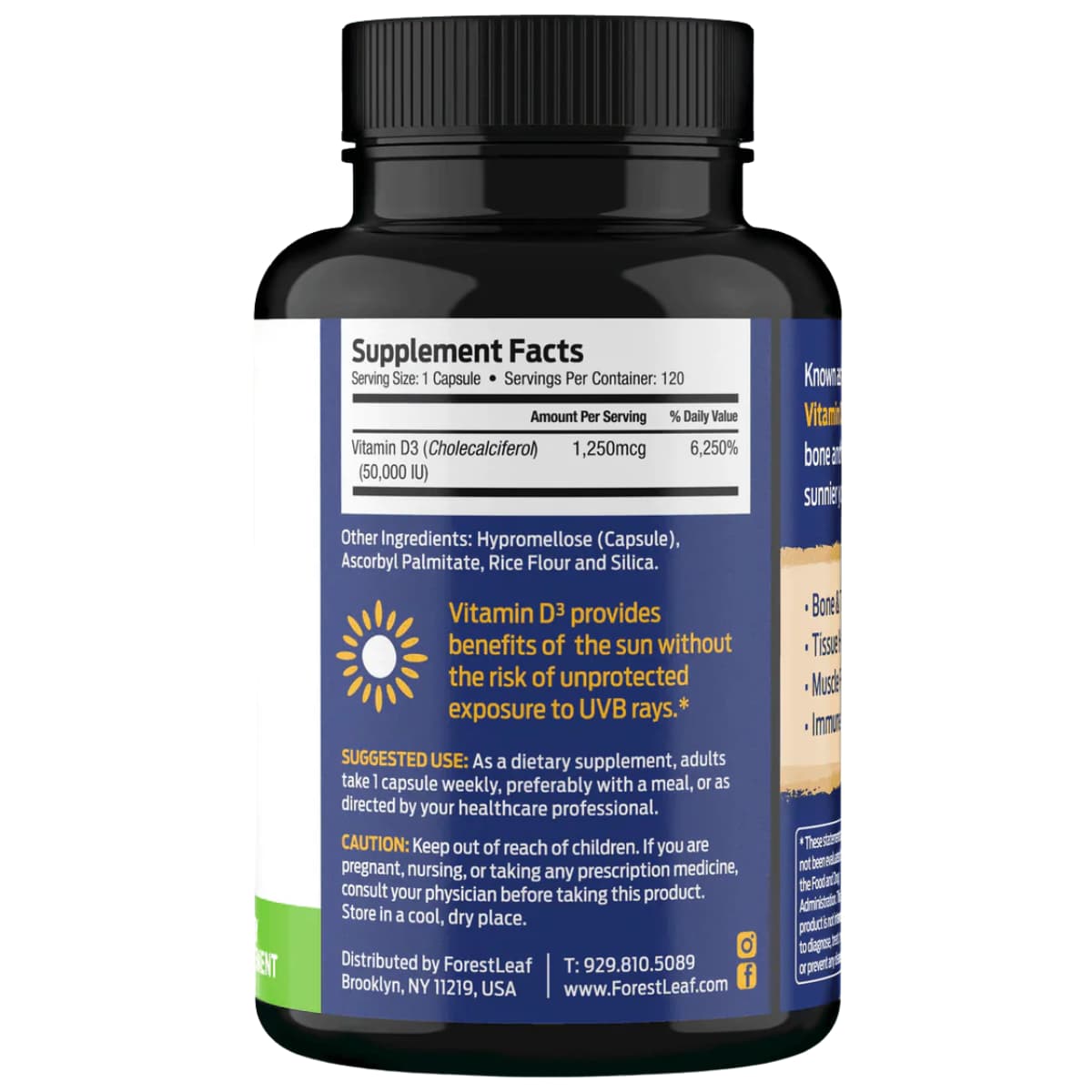 Tabla nutricional del suplemento ForestLeaf Vitamina D3 50.000 IU 120 Cápsulas Vegetales