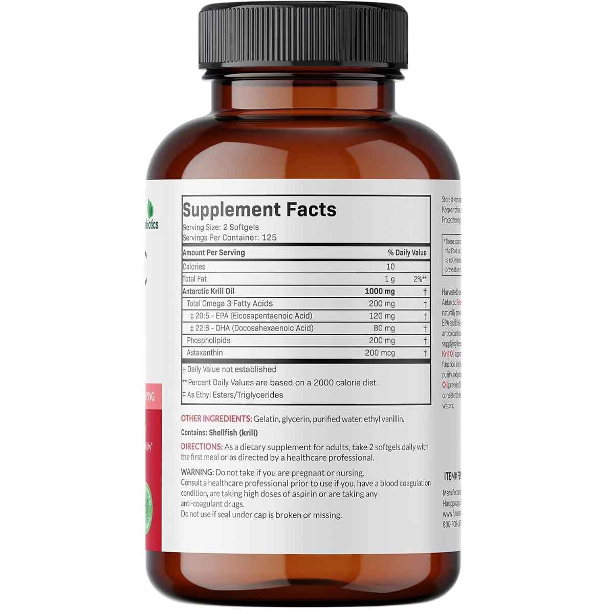 Tabla nutricional del suplemento Futurebiotics Aceite de Krill Antártico 1000 mg 250 cápsulas blandas