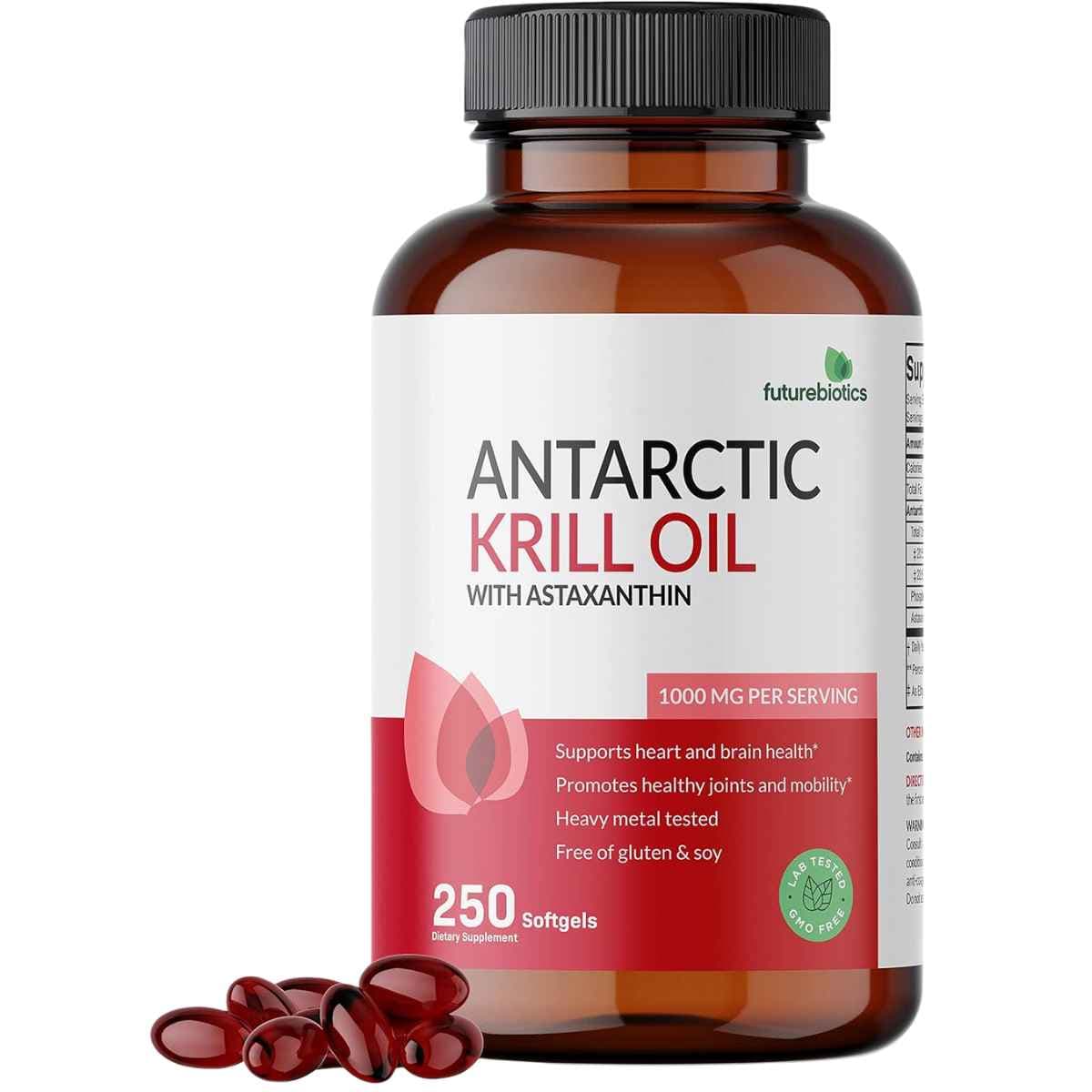 Frasco de suplemento Futurebiotics Aceite de Krill Antártico 1000 mg 250 cápsulas blandas