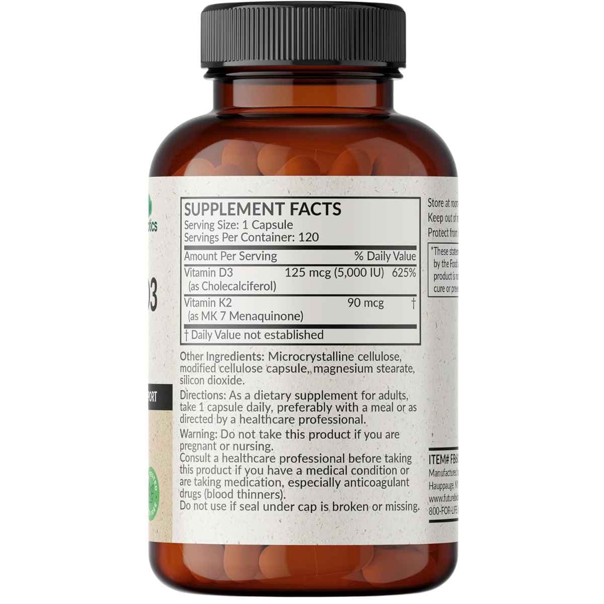 Tabla nutricional del suplemento Futurebiotics Vitamina K2 + D3 5000 UI 120 cápsulas
