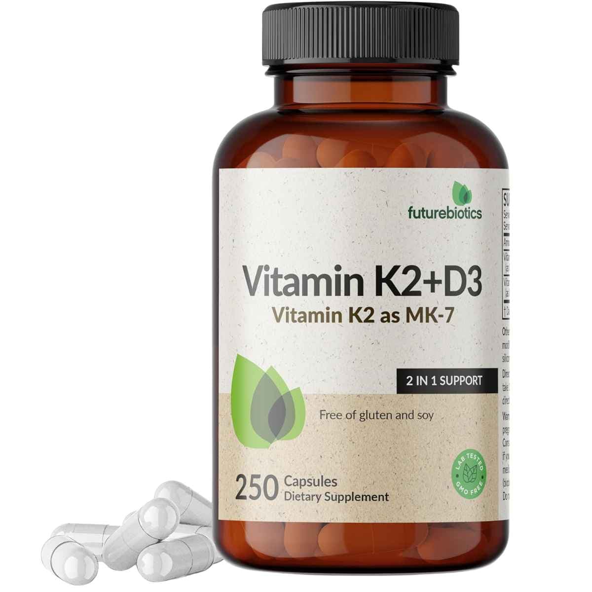 Frasco de suplemento Futurebiotics Vitamina K2 + D3 5000 UI 250 cápsulas