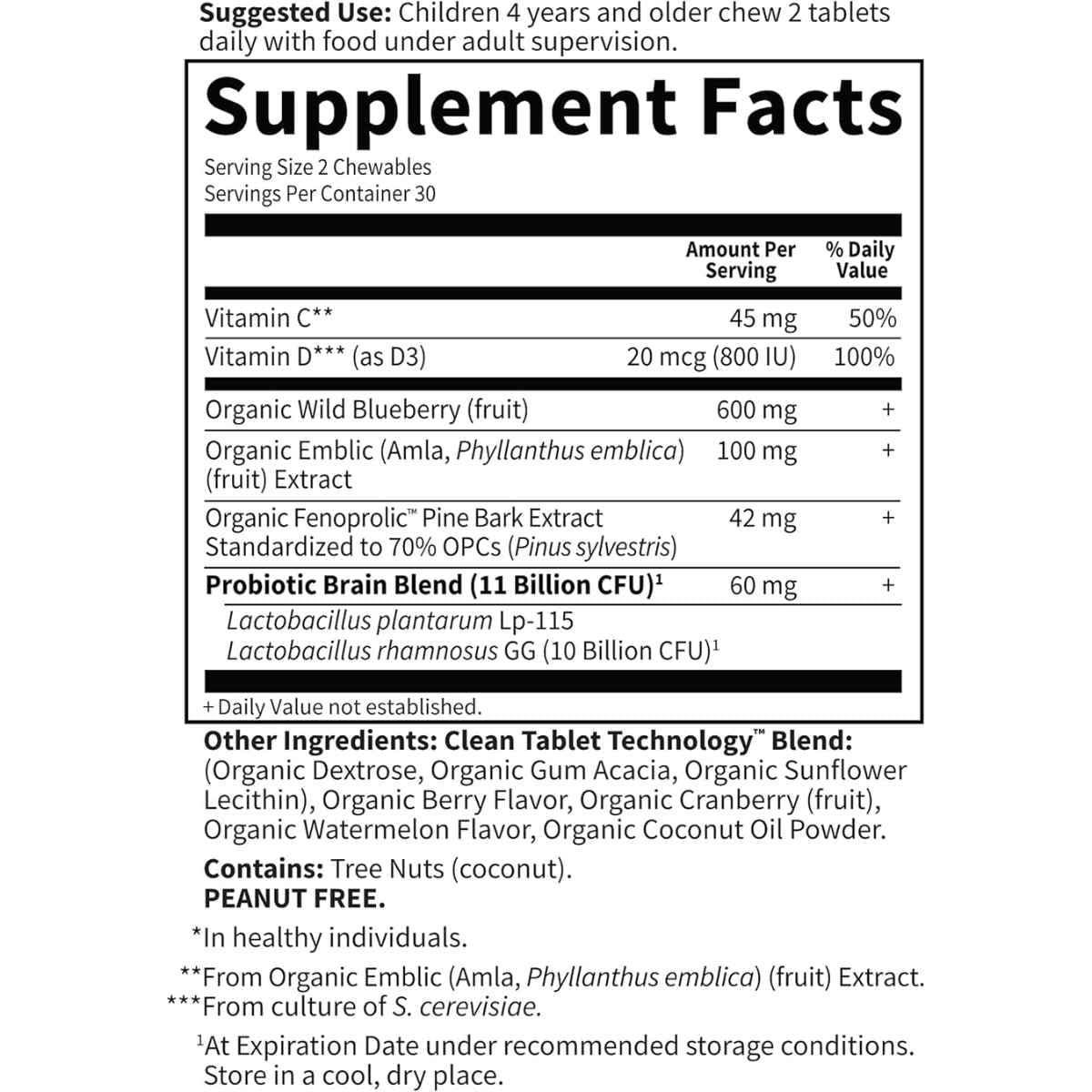 Tabla nutricional del suplemento Garden of Life Dr. Formulated Salud Cerebral Niños 60 tabletas masticables