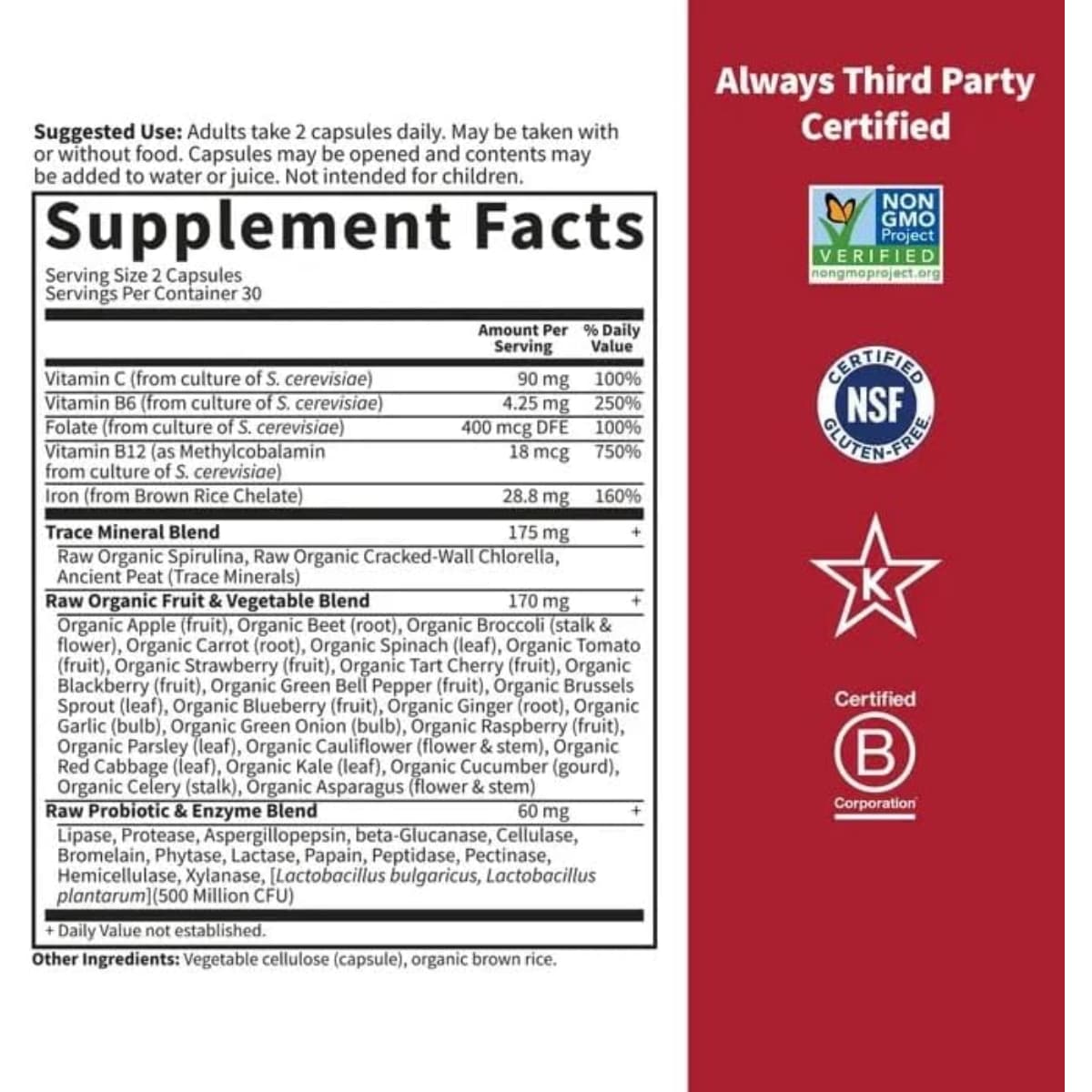 Tabla nutricional del suplemento Garden of Life Hierro Vitamin Code Healthy Blood 60 cápsulas