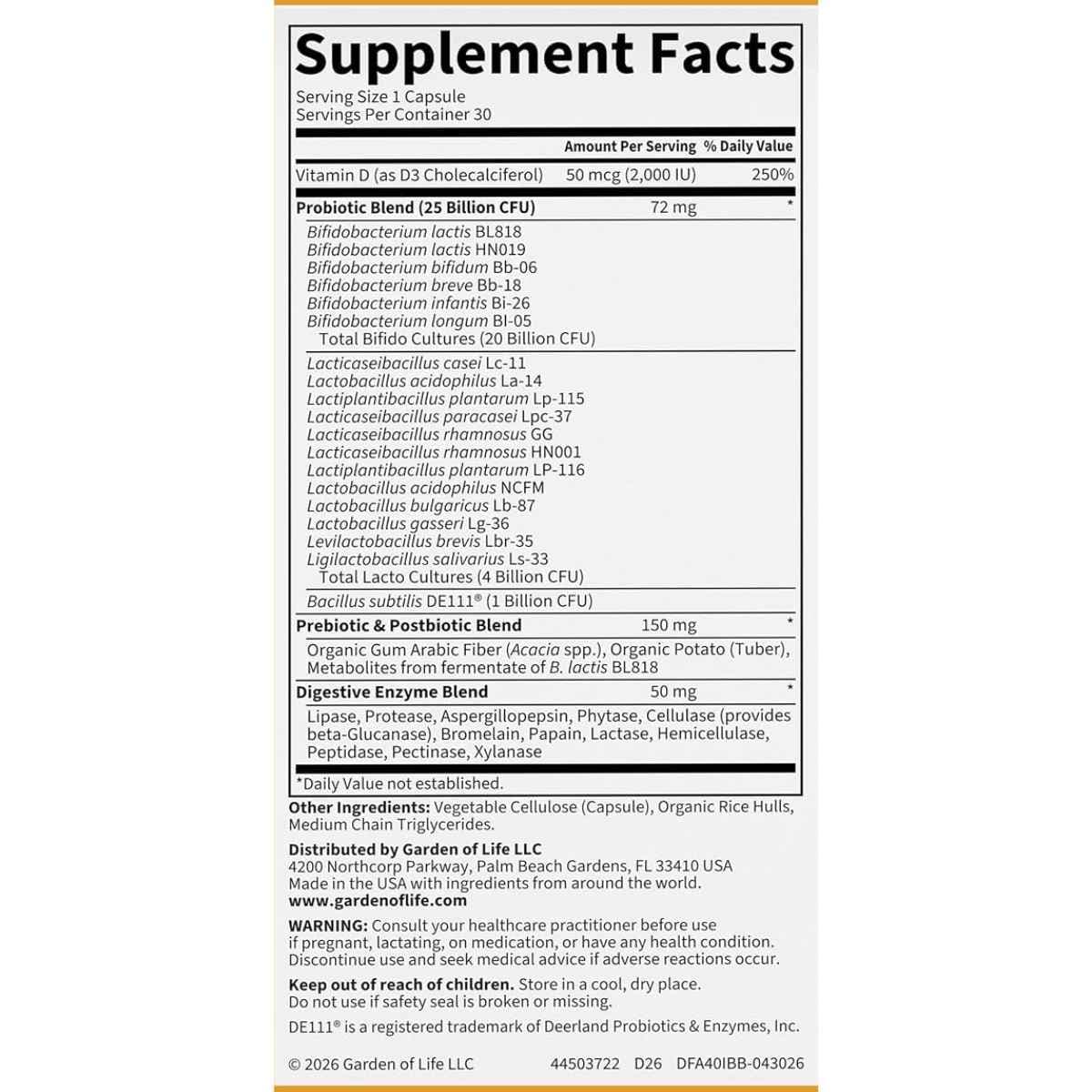 Tabla nutricional Garden of Life Immune Biotic 40+ con vitamina D3 y 25 mil millones de UFC