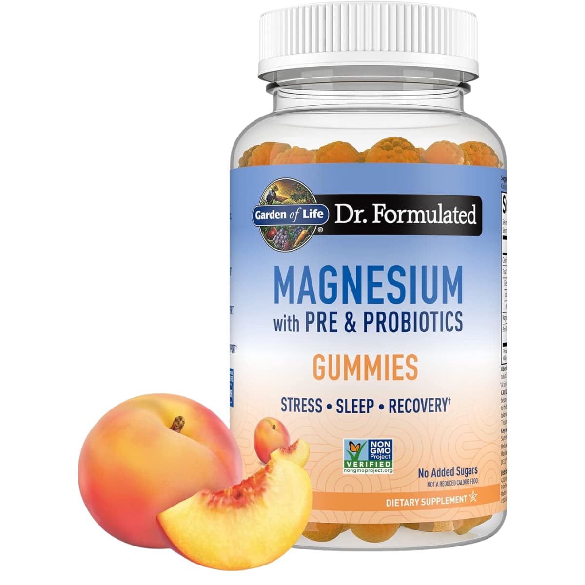 Frasco de suplemento Garden of Life Magnesio con Prebióticos y Probióticos sabor Durazno 60 Gomitas