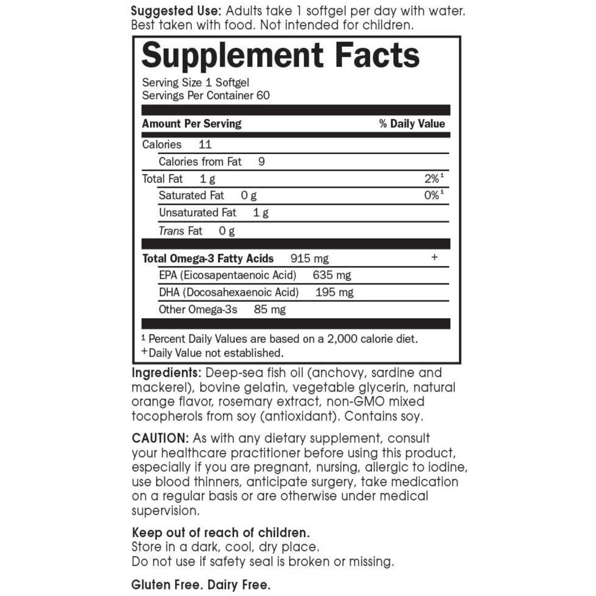 Supplement Facts de Garden of Life Minami Omega-3 con información de porción, EPA, DHA, ingredientes y advertencias
