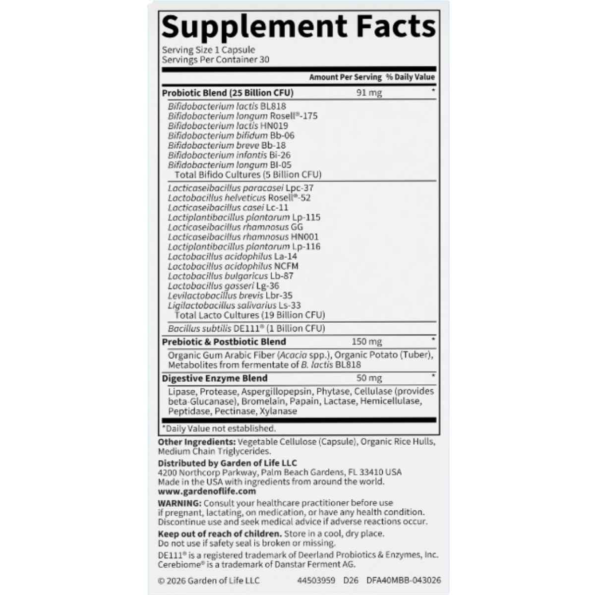 Tabla de suplemento Garden of Life Dr. Formulated Mindful Biotic 40+ - 30 cápsulas