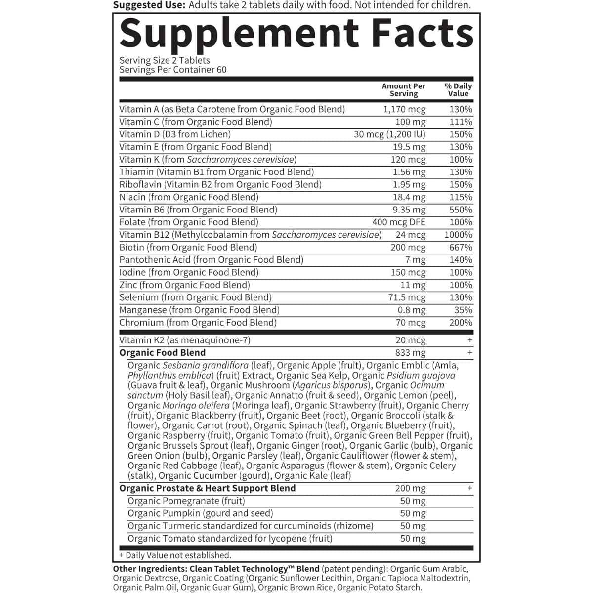 Tabla nutricional del suplemento Garden of Life Organics Multivitamínico Integral para Hombres 40+ 120 tabletas