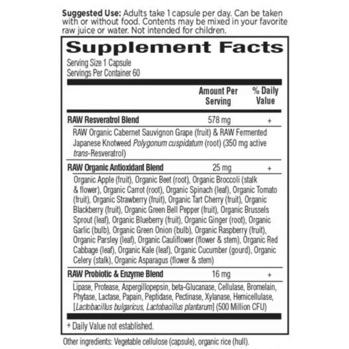 Información del suplemento de Garden of Life resveratrol crudo 350 mg por cápsula