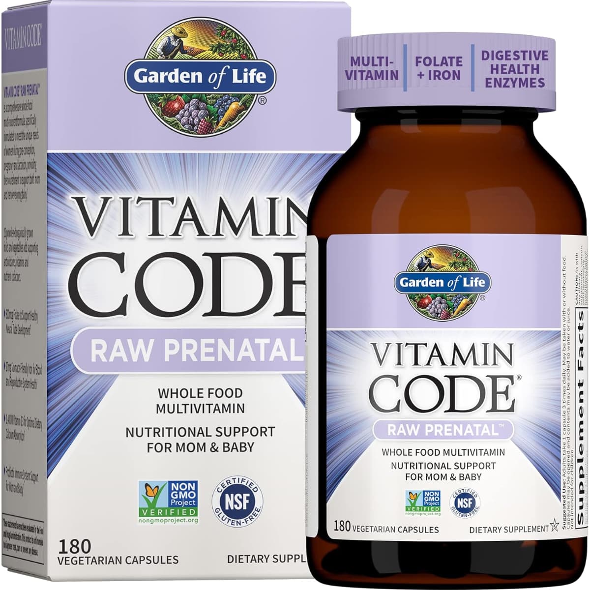 Frasco de suplemento Garden of Life Vitamin Code Raw Prenatal 180 cápsulas vegetales