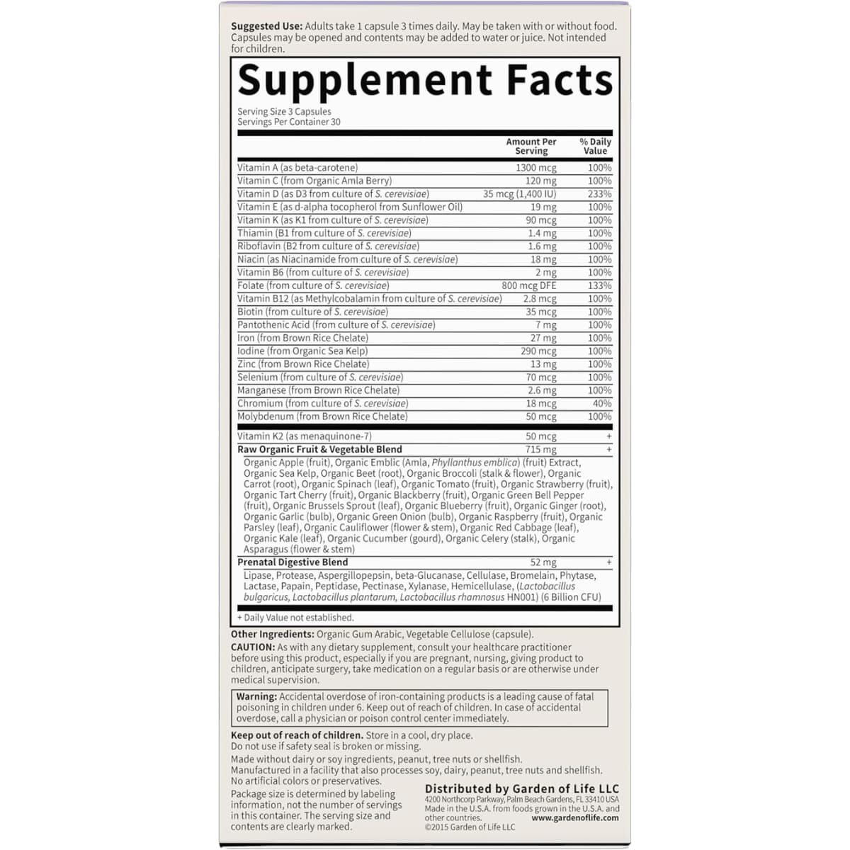 Tabla nutricional del suplemento Garden of Life Vitamin Code Raw Prenatal 90 cápsulas vegetales