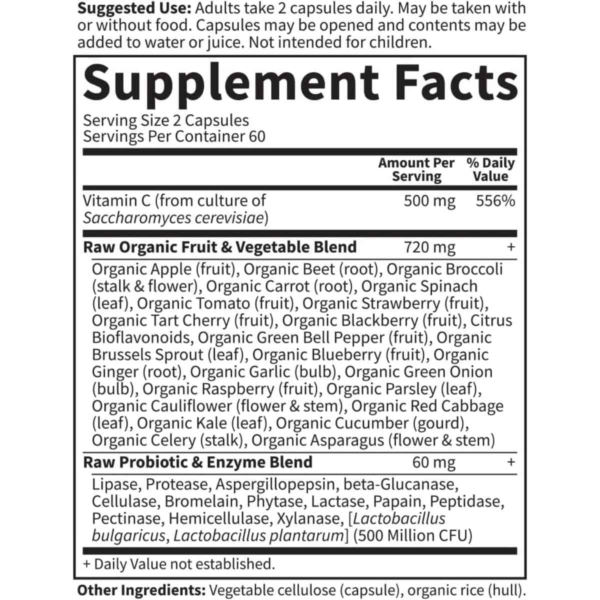 Tabla nutricional del suplemento Garden of Life Vitamina C 500mg 120 cápsulas veganas