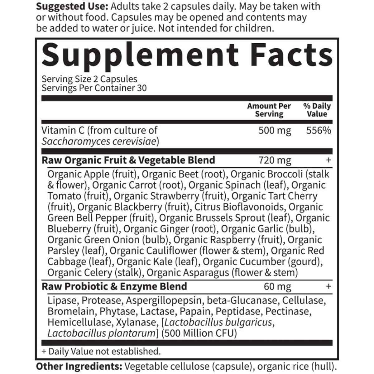 Tabla nutricional del suplemento Garden of Life Vitamina C 500mg 60 cápsulas veganas