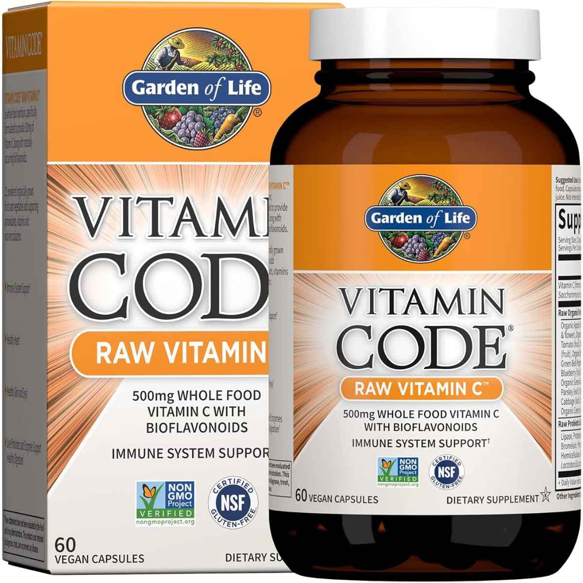 Frasco de suplemento Garden of Life Vitamina C 500mg 60 cápsulas veganas