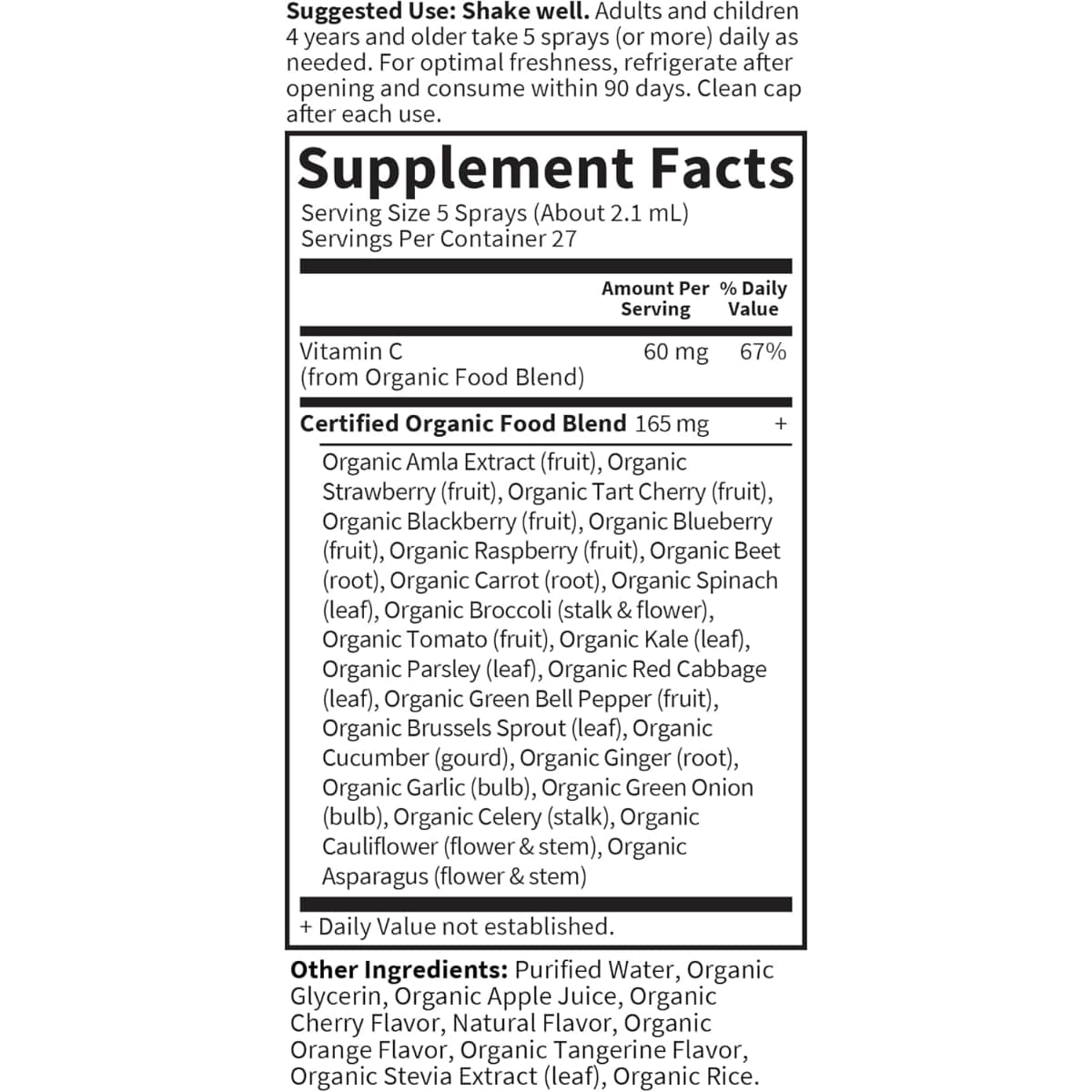 Tabla nutricional del suplemento Garden of Life Vitamina C Orgánica Cereza-Mandarina 58 ml