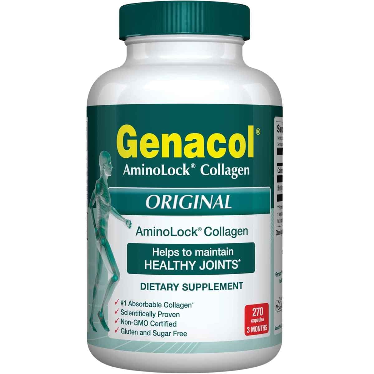 Frasco de suplemento Genacol Colágeno AminoLock 270 cápsulas