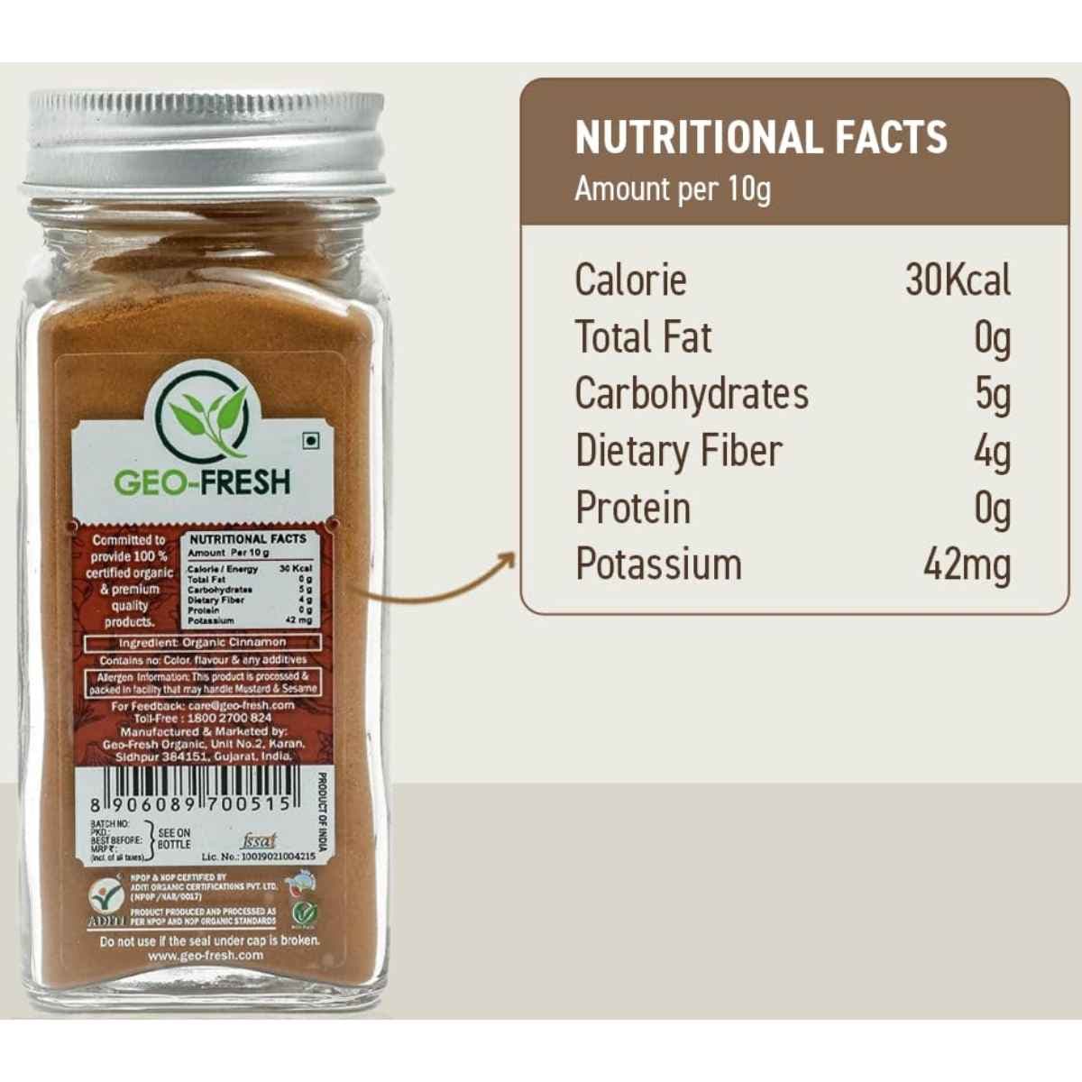 Tabla nutricional de Geo-Fresh Canela Orgánica en Polvo 45 g