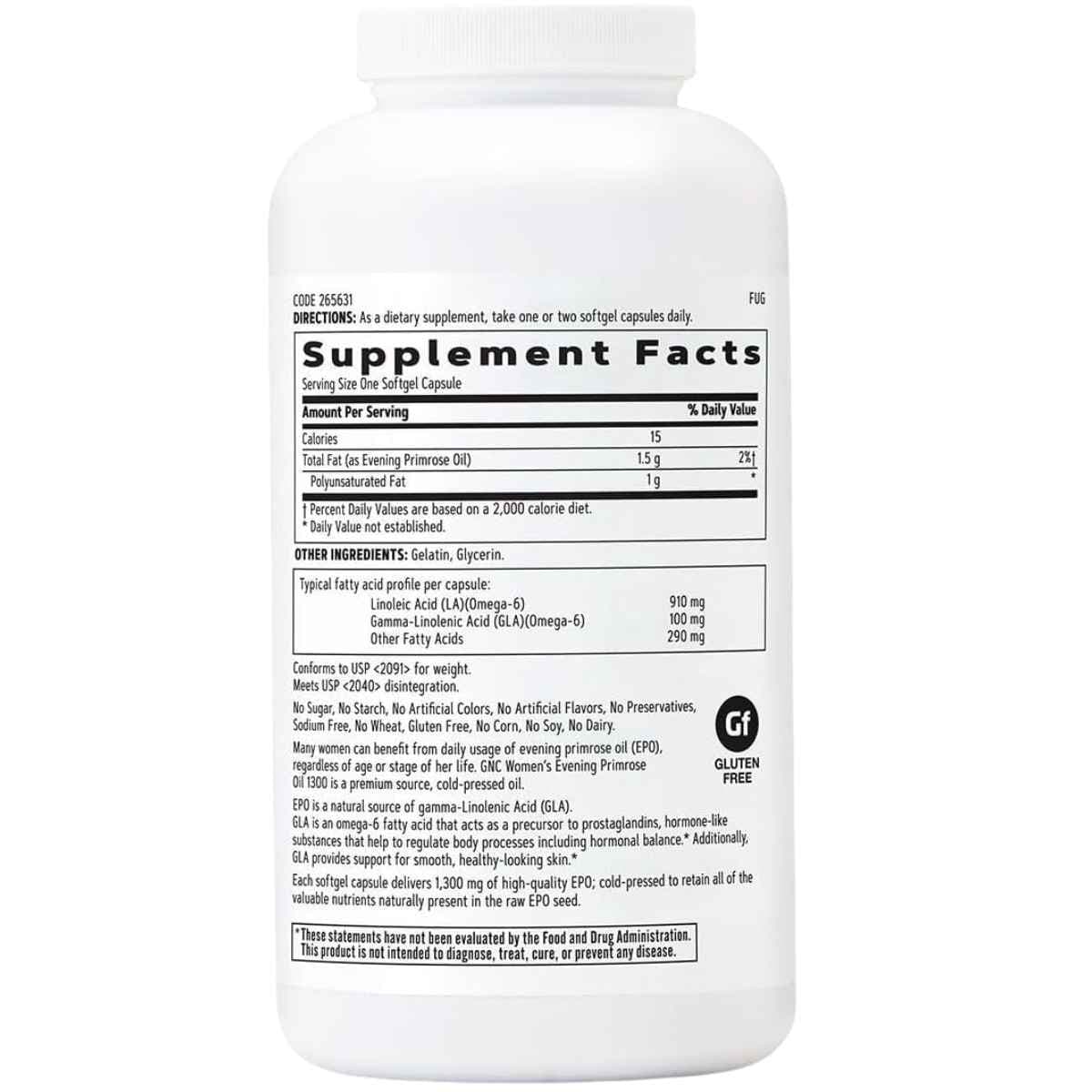 Tabla nutricional del suplemento GNC Aceite de Onagra 1300 mg 180 Cápsulas Blandas