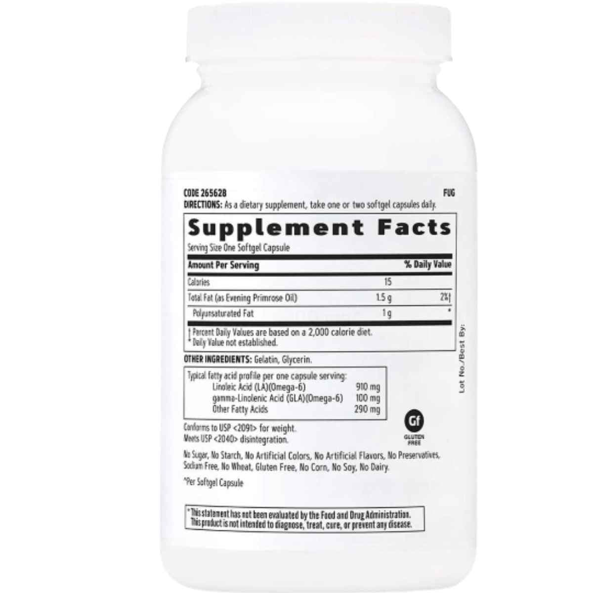 Tabla nutricional del suplemento GNC Aceite de Onagra 1300 mg 90 Cápsulas Blandas