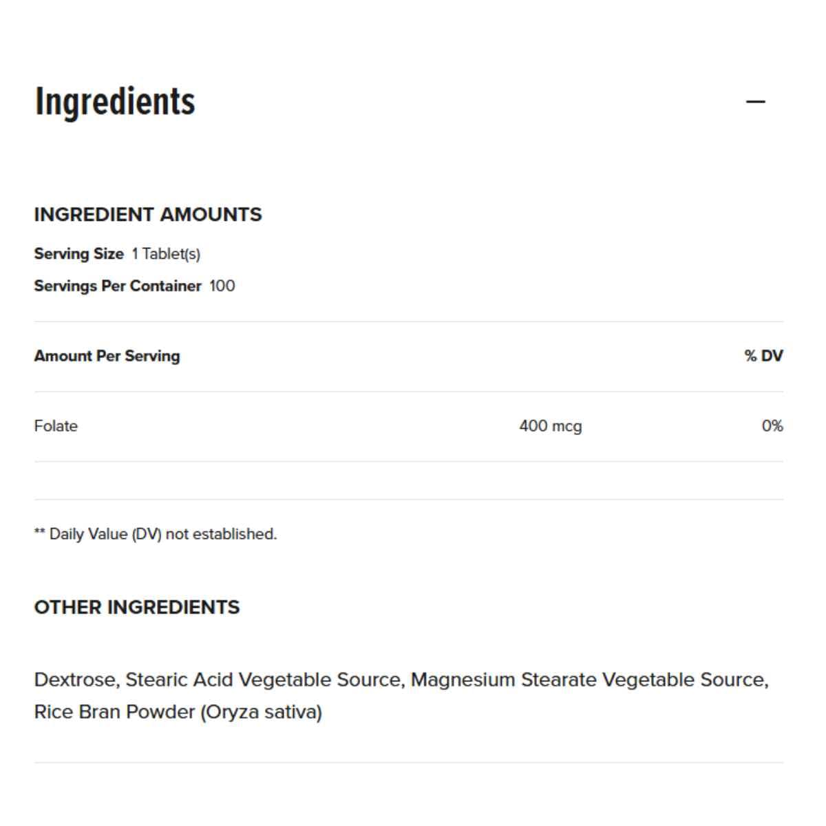 Tabla nutricional del suplemento GNC Ácido Fólico 400 mcg 100 tabletas vegetarianas