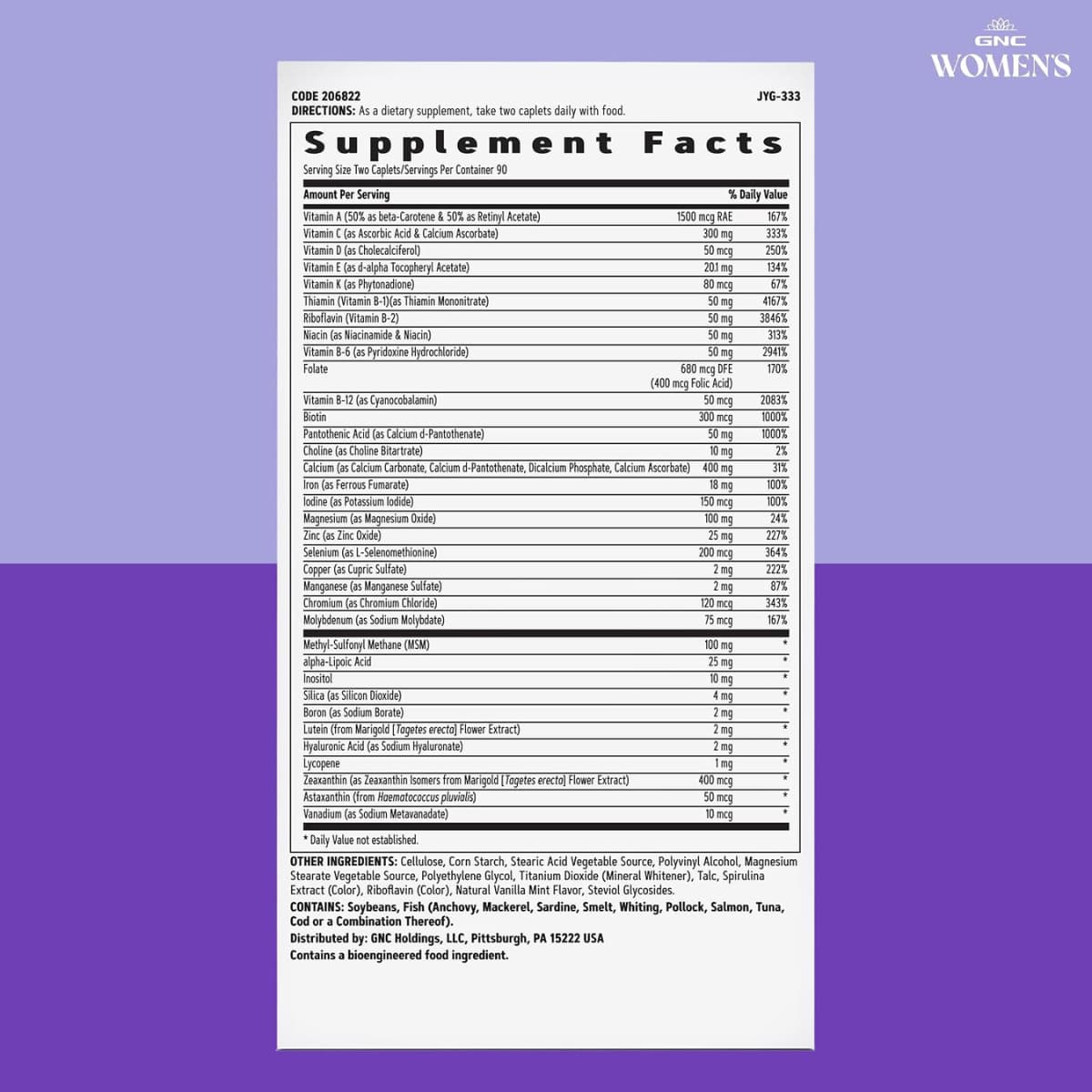 Información del suplemento de GNC Active multivitamínico para mujeres en tabletas, presentación de 180 tabletas