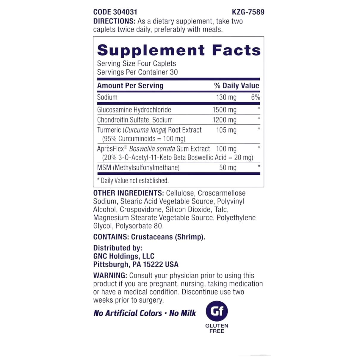Tabla nutricional del suplemento GNC TriFlex Fast-Acting Glucosamina y Condroitina 120 cápsulas