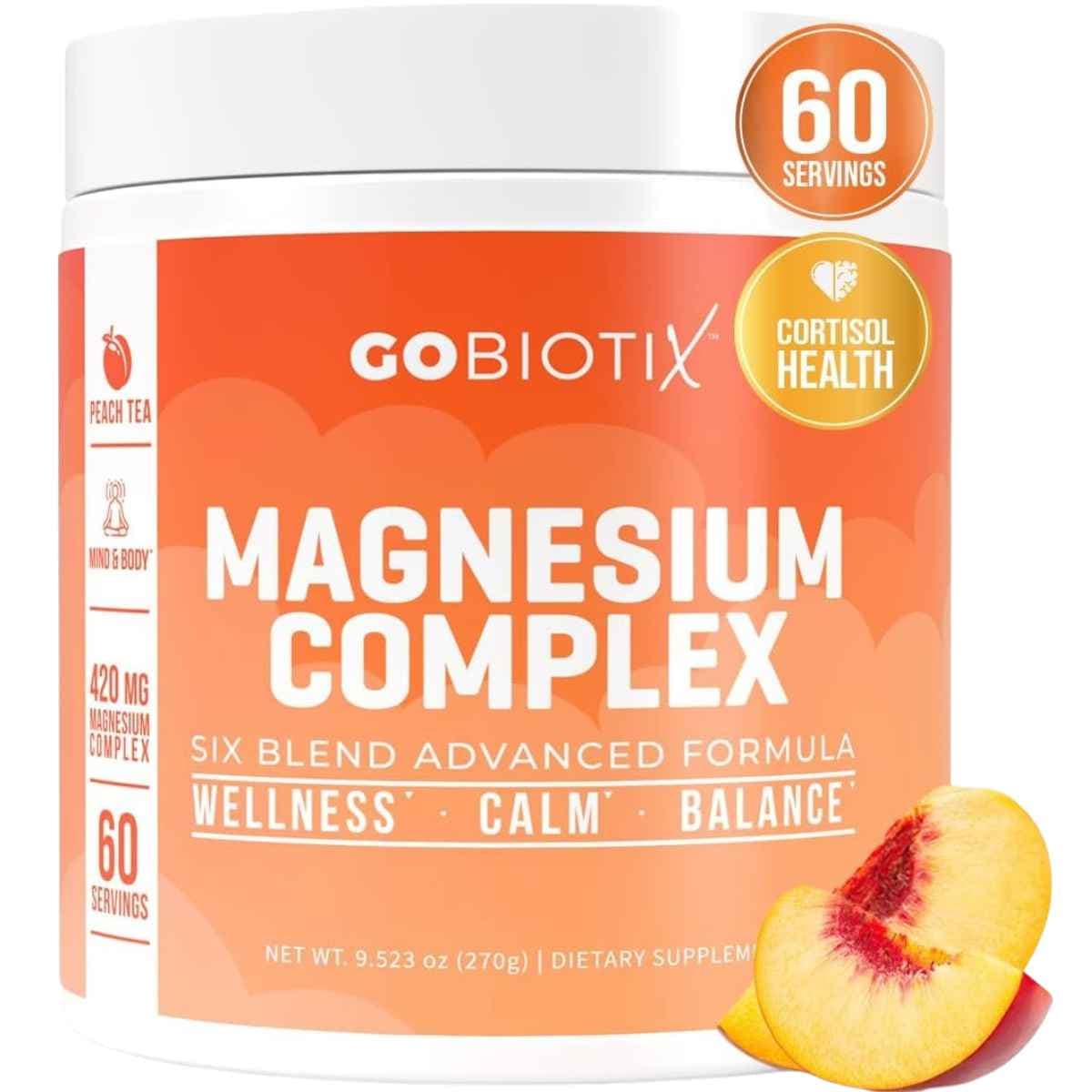 Frasco de suplemento GoBiotix Complejo de Magnesio sabor Té de Melocotón 420 mg 60 porciones