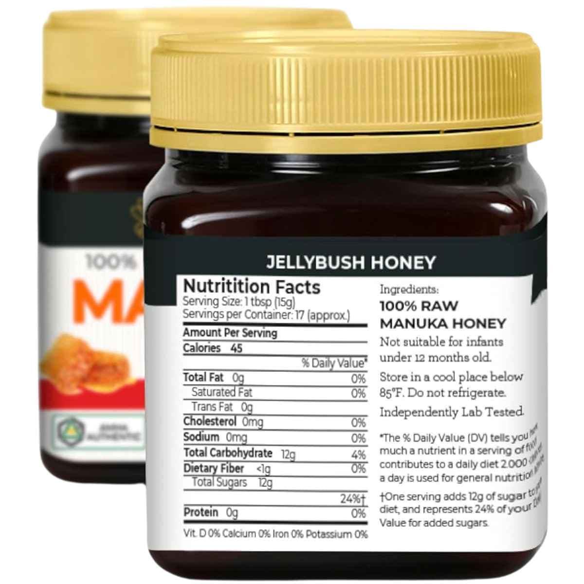 Etiqueta con información y tabla nutricional de la Miel de Manuka Good Natured 510+ MGO 250 g