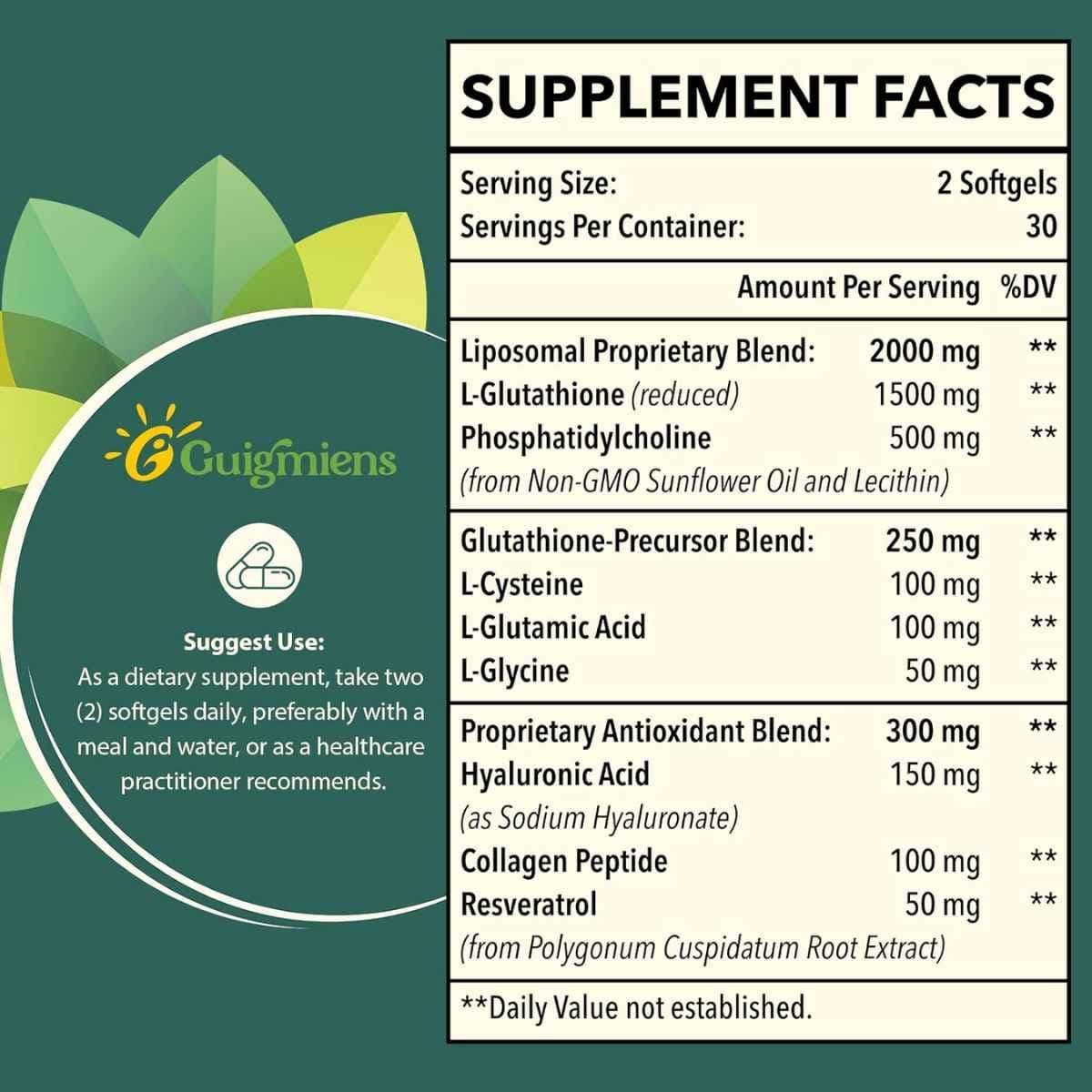 Tabla nutricional del suplemento Guigmiens L-Glutatión Liposomal 1500 mg 60 Cápsulas Blandas