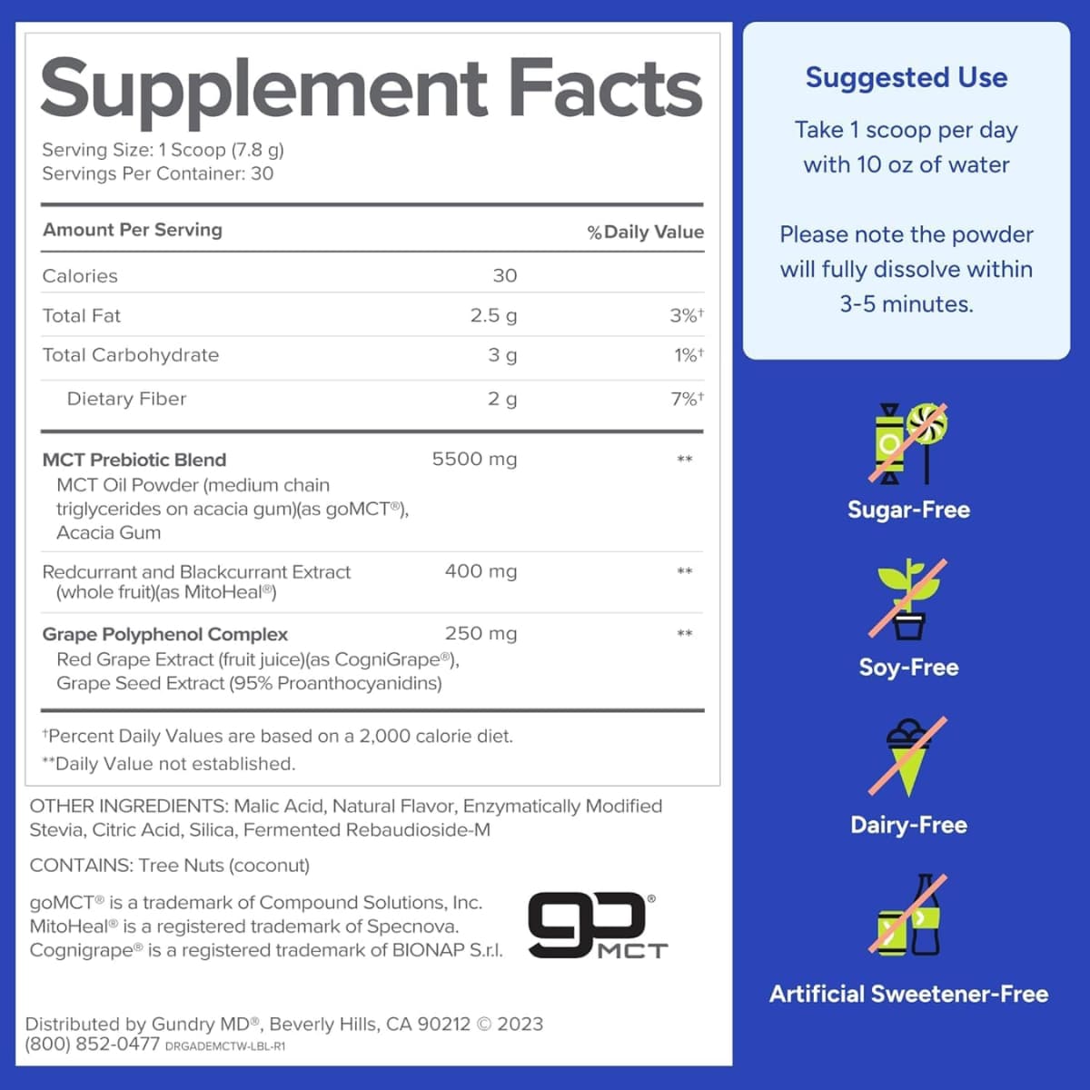 Tabla nutricional del suplemento Gundry MD MCT Wellness Sabor Sandía Limonada 234 g